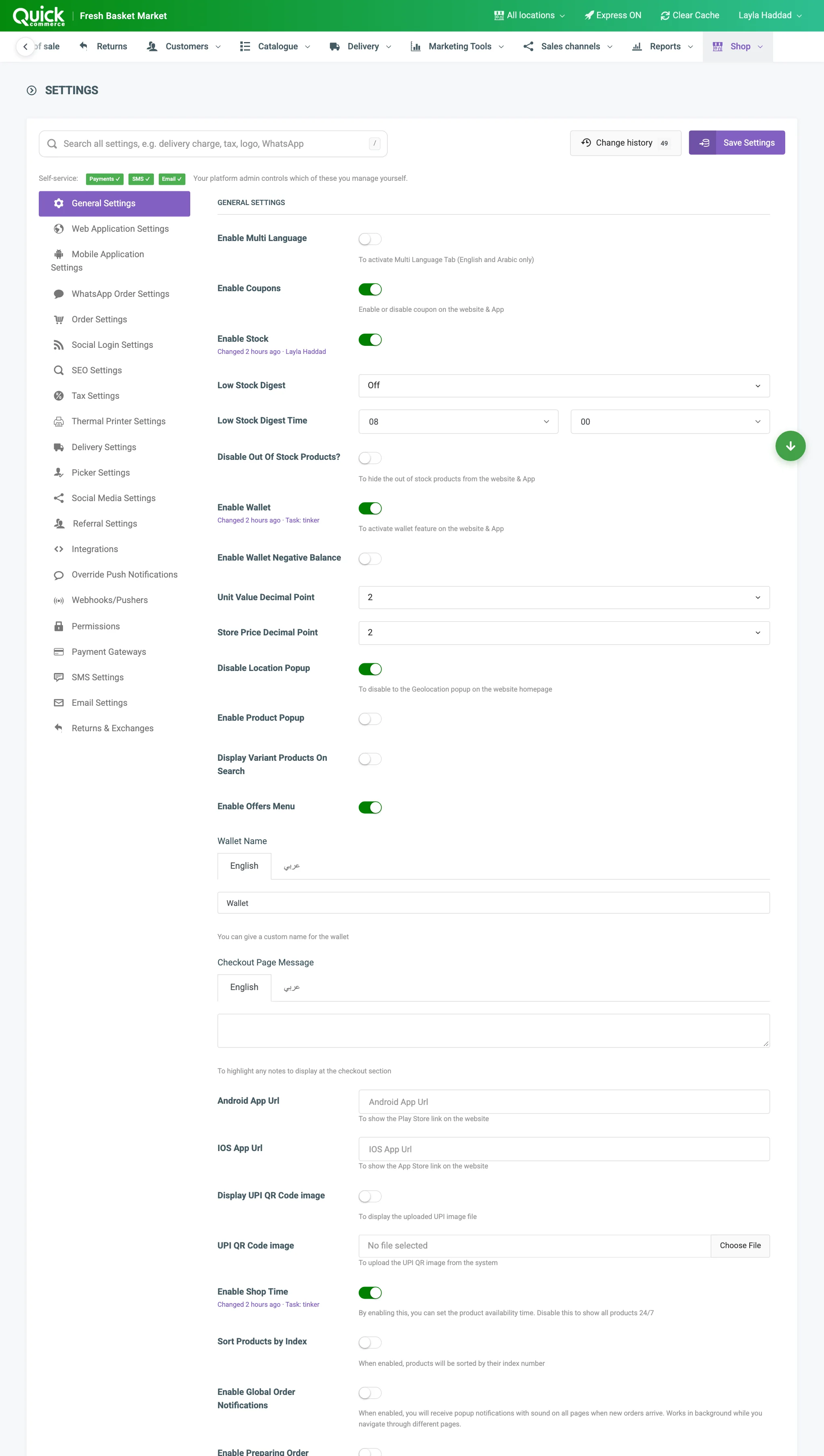 General Settings with the wallet switches