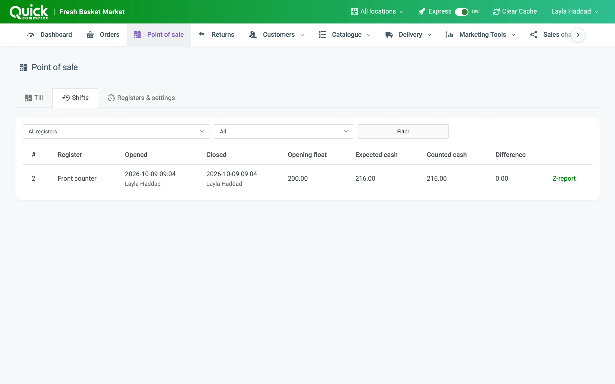 The Shifts tab with the register and status filters, the shift table and the report link numbered