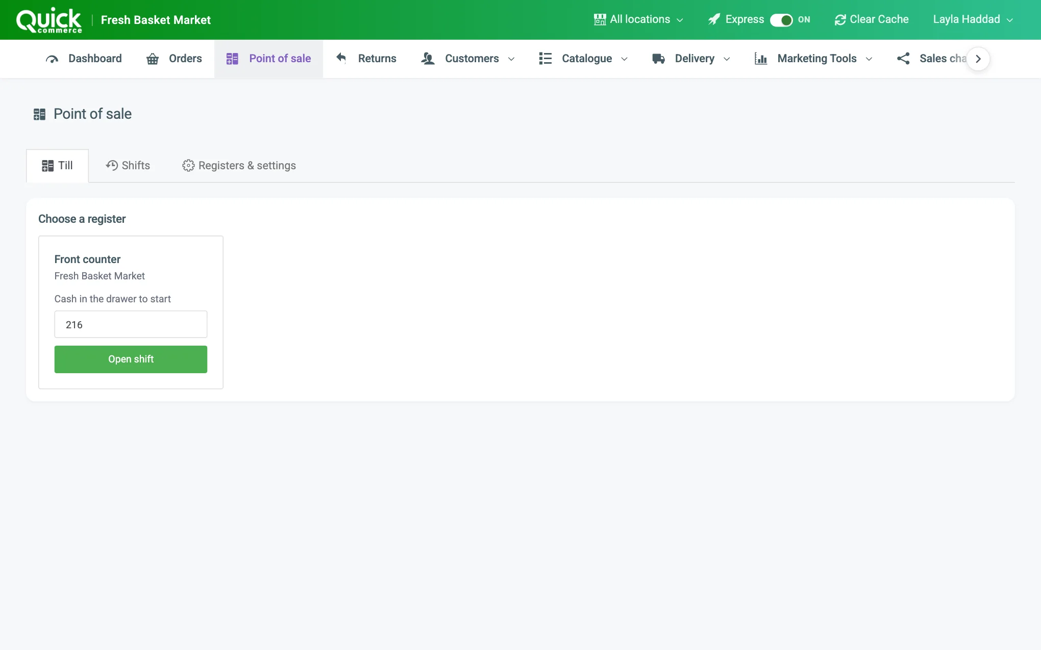 The Point of sale page with the Till, Shifts and Registers & settings tabs
