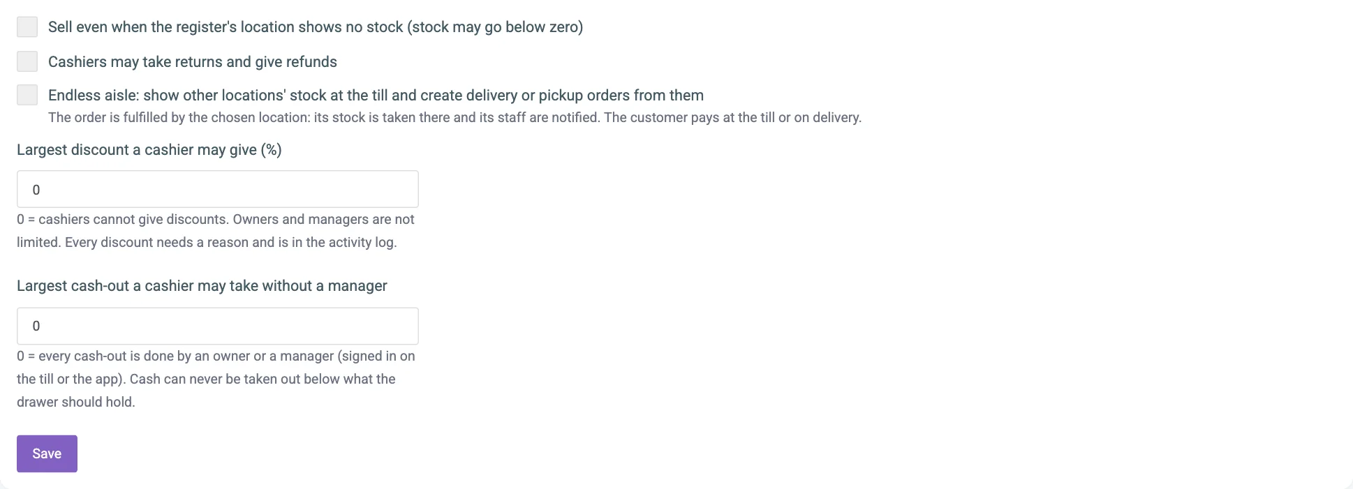 The Till rules card with its tick boxes, the two limits and the Save button numbered