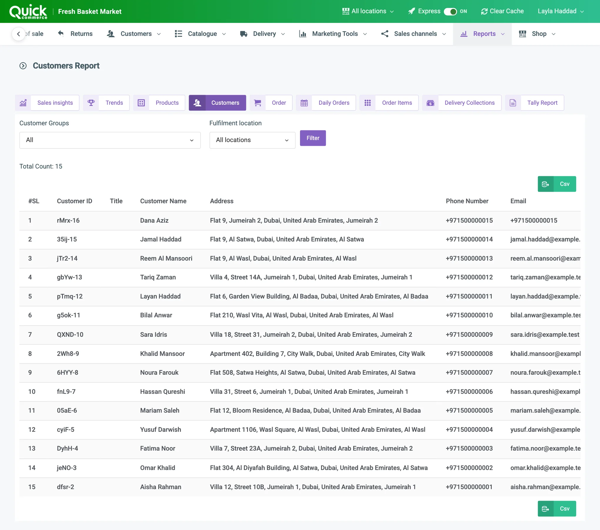 The Customers Report with the Customer Groups filter, the Csv button and the table numbered