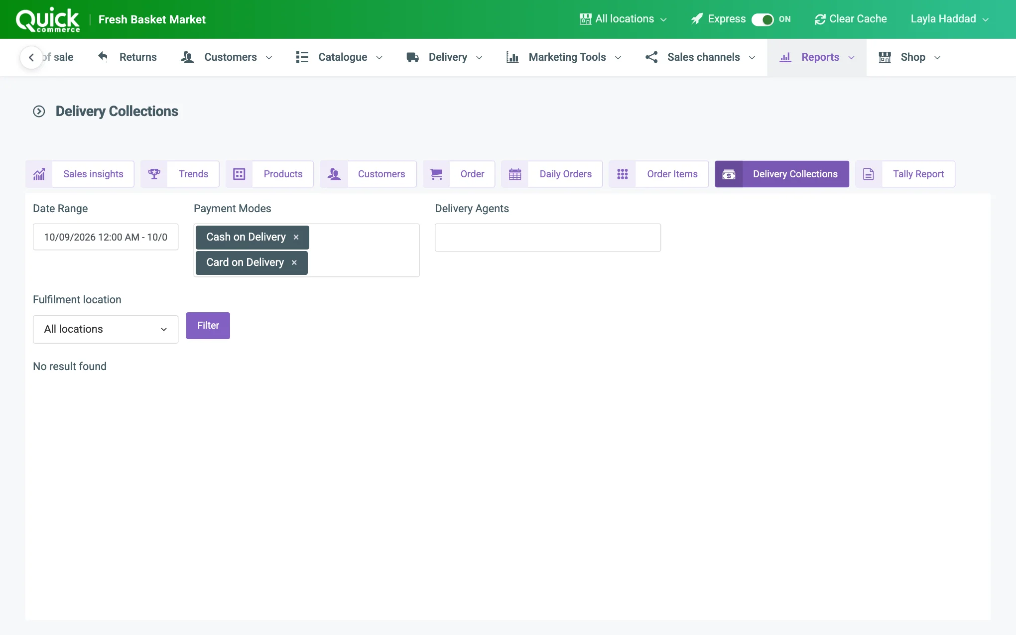 The Delivery Collections report with the date range, Payment Modes, Delivery Agents, Filter button and table numbered