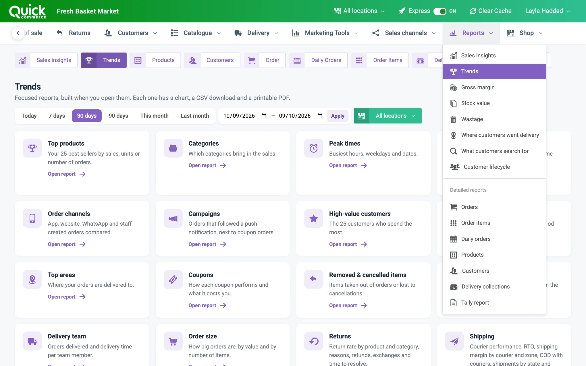 The Reports menu open, showing Sales insights, Trends, the stock reports, the customer insights and the Detailed reports group