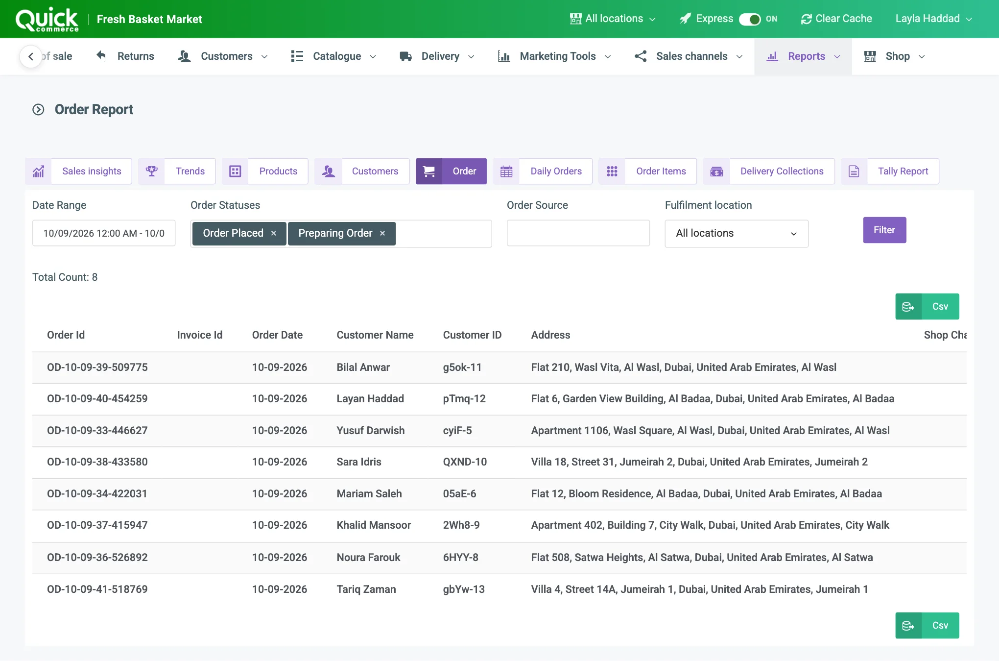 The Order Report filters: Date Range, Order Statuses and Order Source