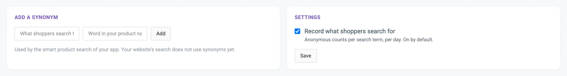 The Add a synonym card with its two boxes and Add button, and the Settings card with the recording switch, numbered