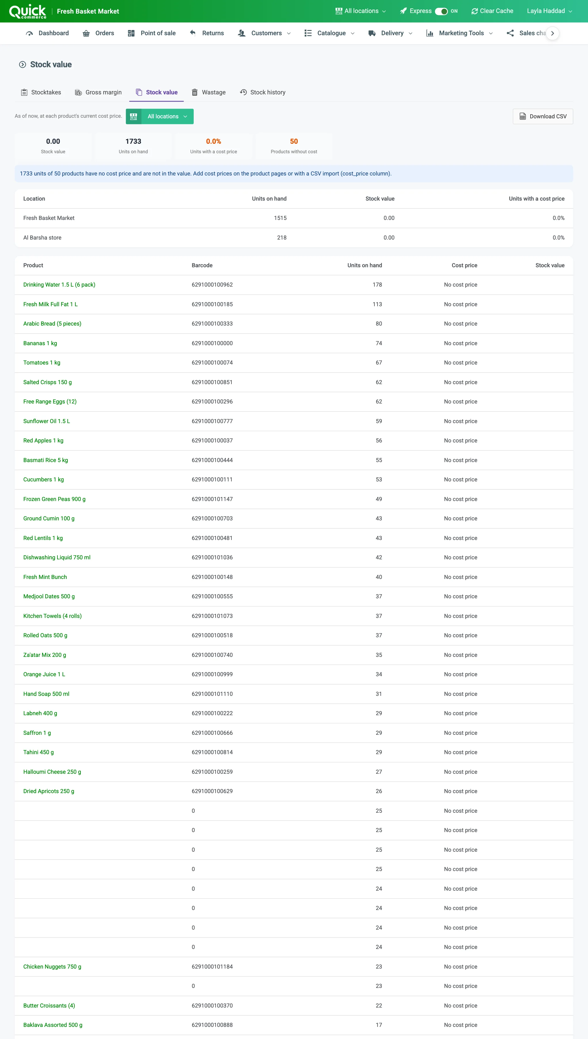 The Stock value report with the summary tiles, the Download CSV button and the products table numbered