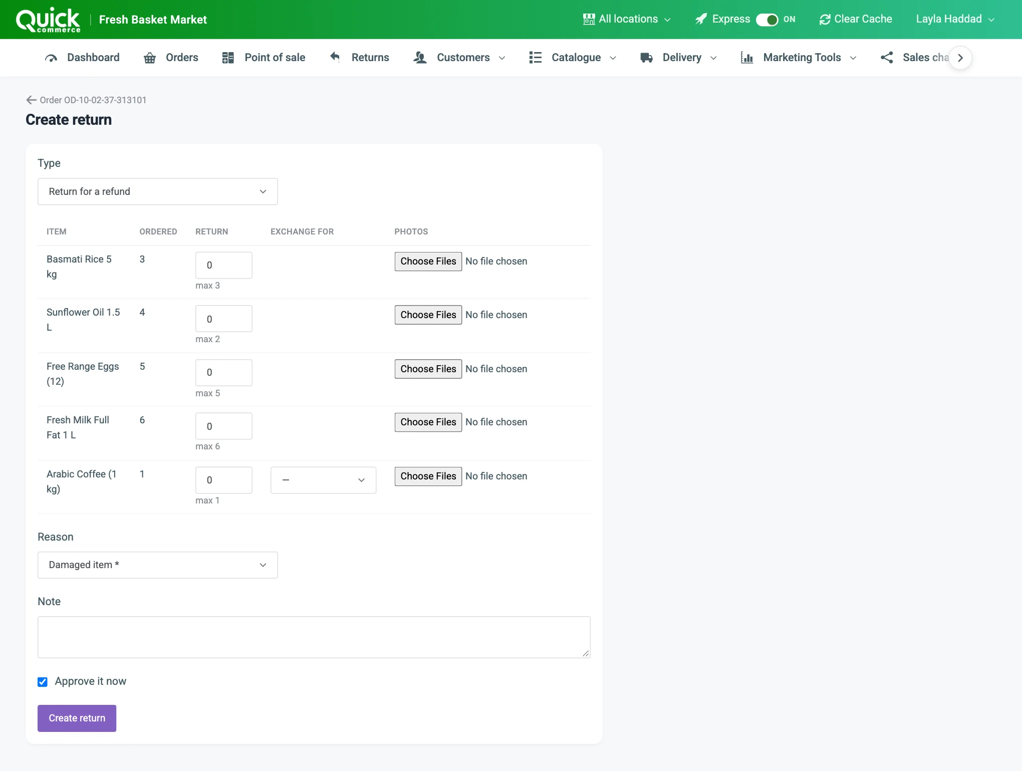 The Create return form with the quantity, reason, note, Approve it now and the Create return button