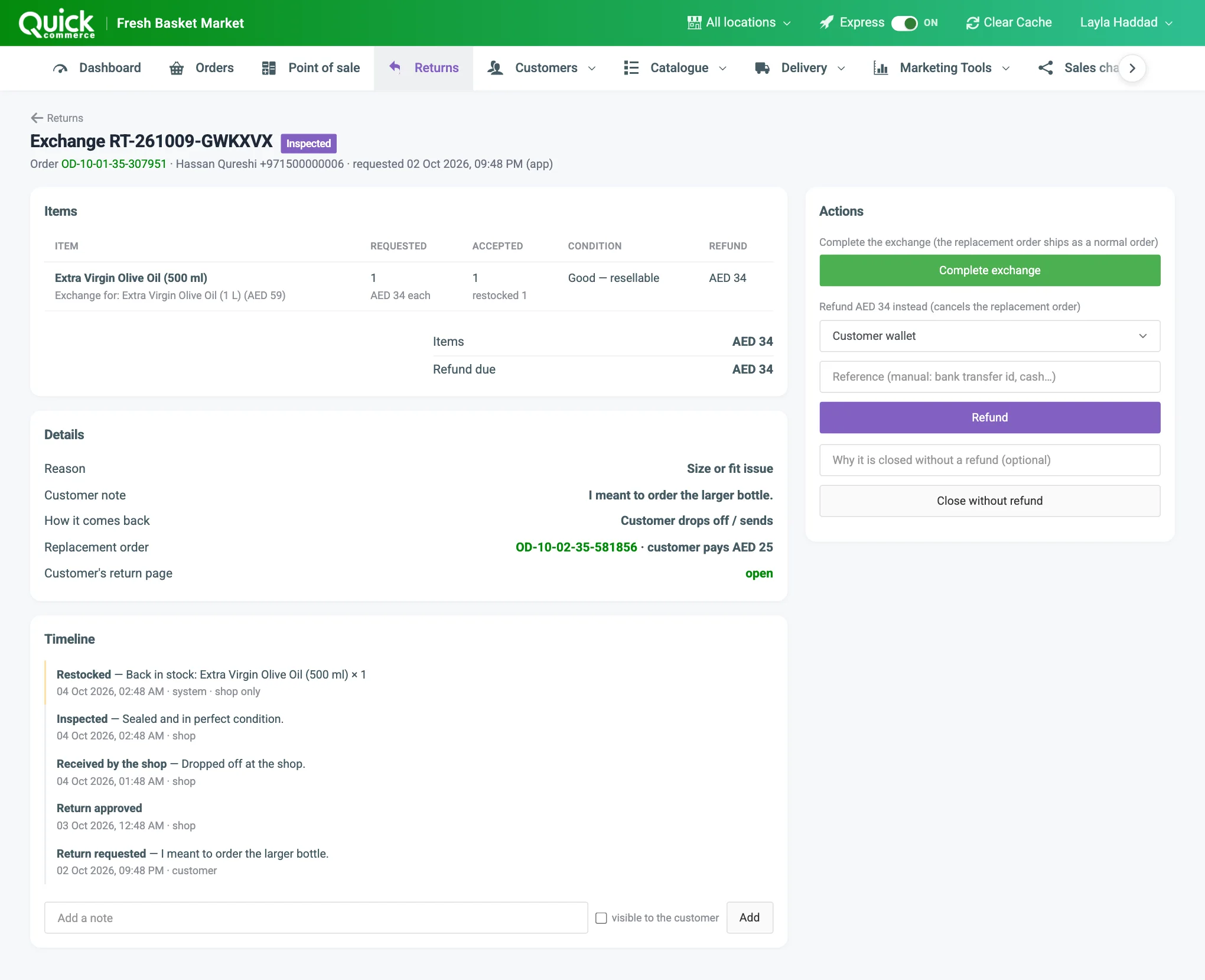 An inspected exchange with the replacement order in Details and the Complete exchange, refund and close forms in Actions