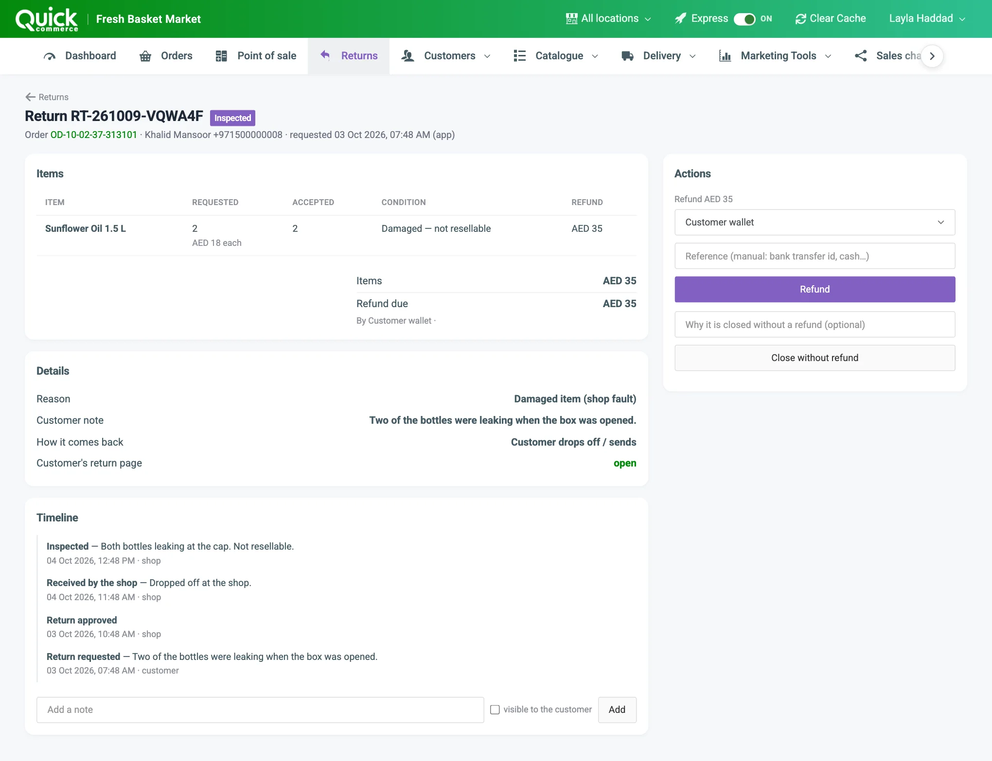 An inspected return with Refund due and the refund form in Actions