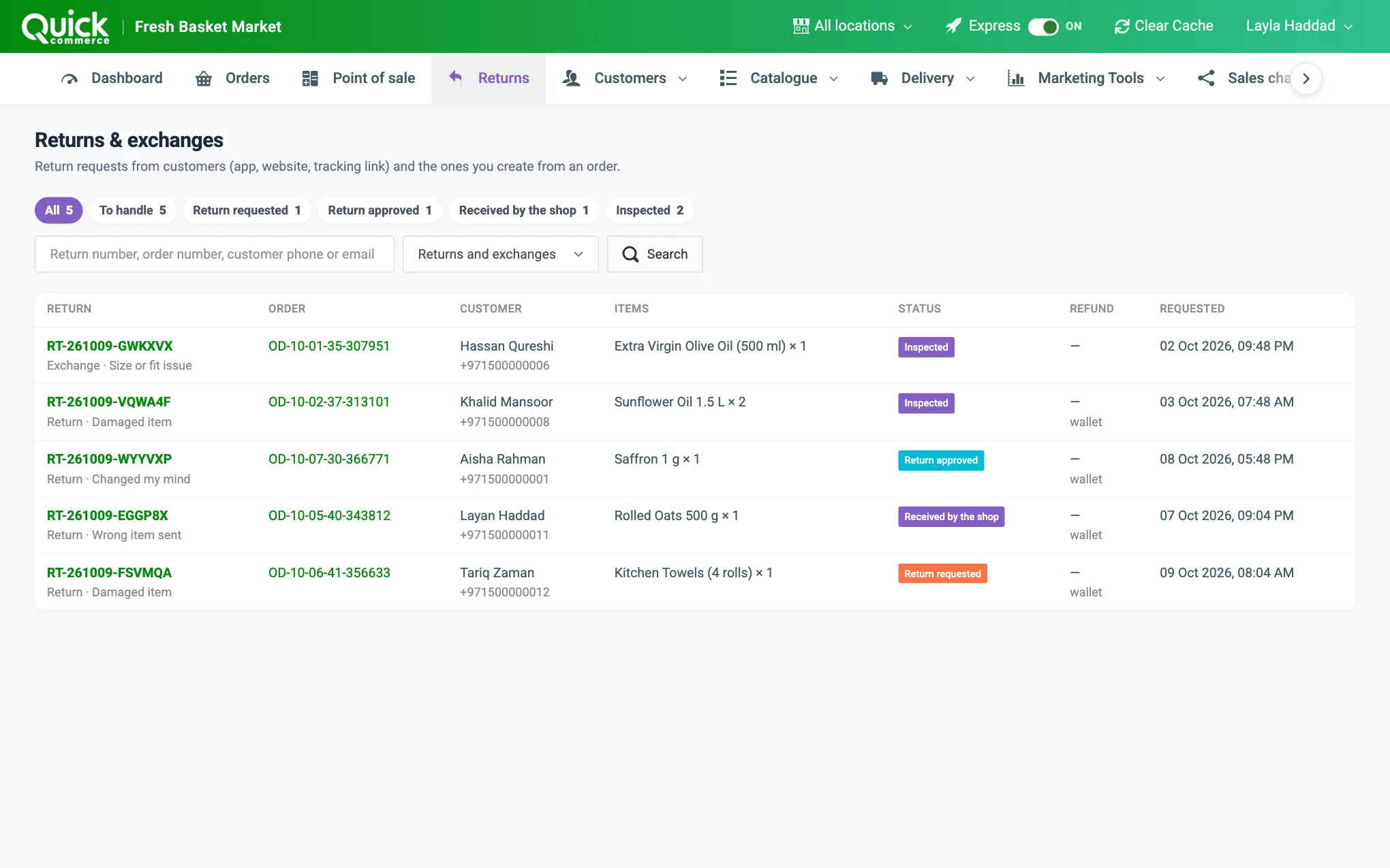 The Returns and exchanges page: status links, search, type filter and the table