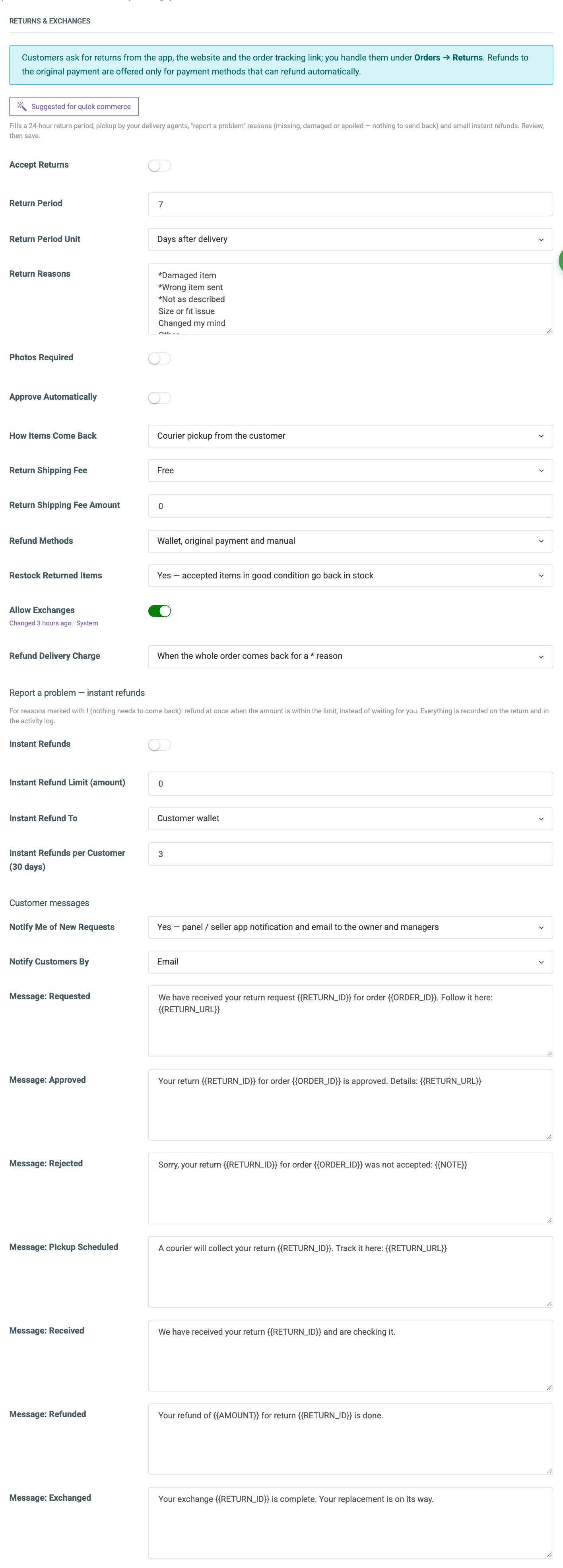 The Returns and Exchanges settings tab