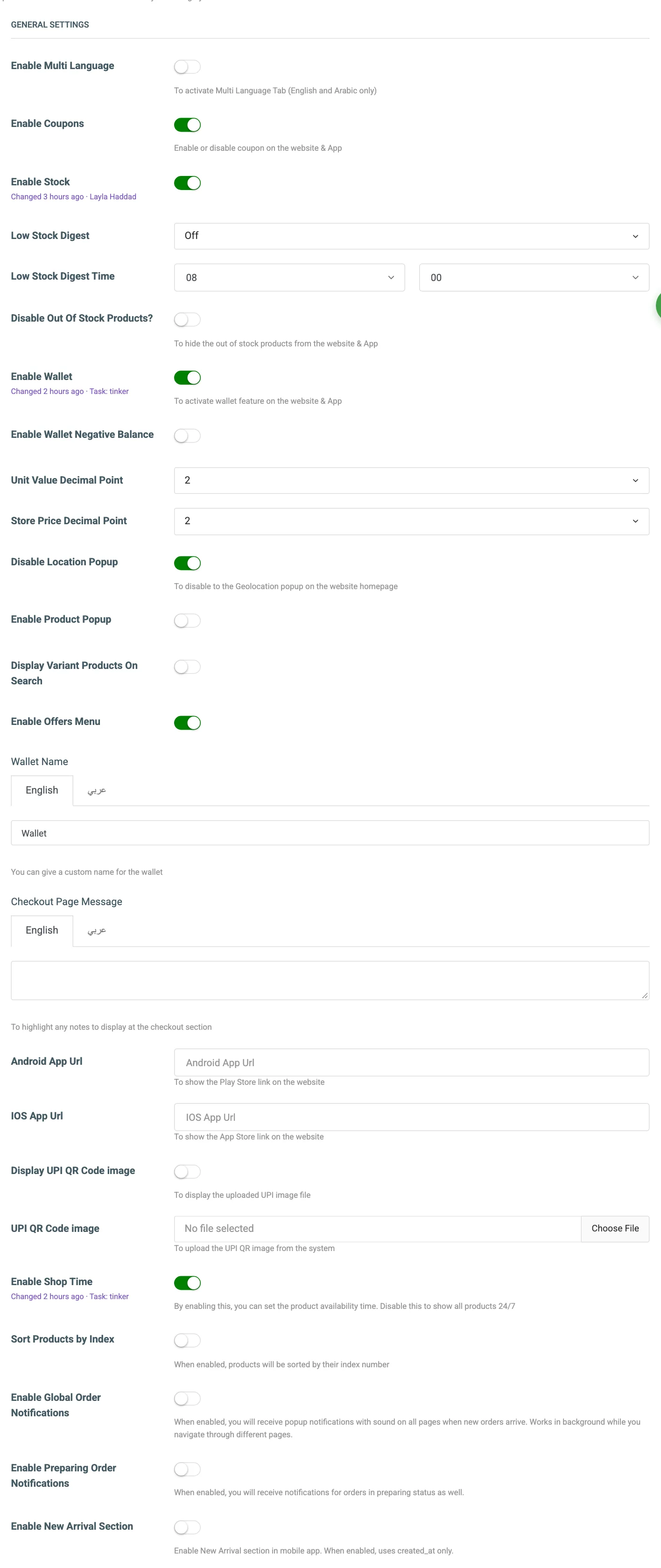 General Settings with the app links, the order notification switches and Enable New Arrival Section numbered