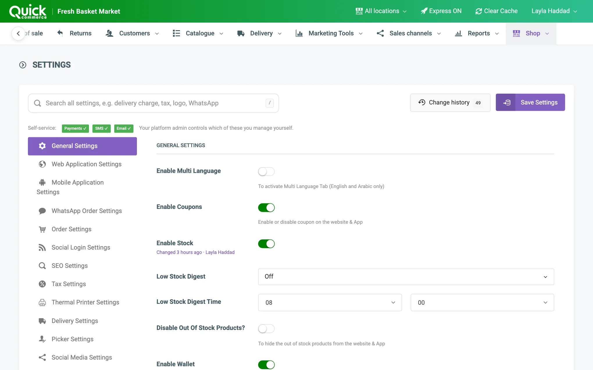 The Settings page with the search box, Change history, Save Settings and the list of tabs numbered