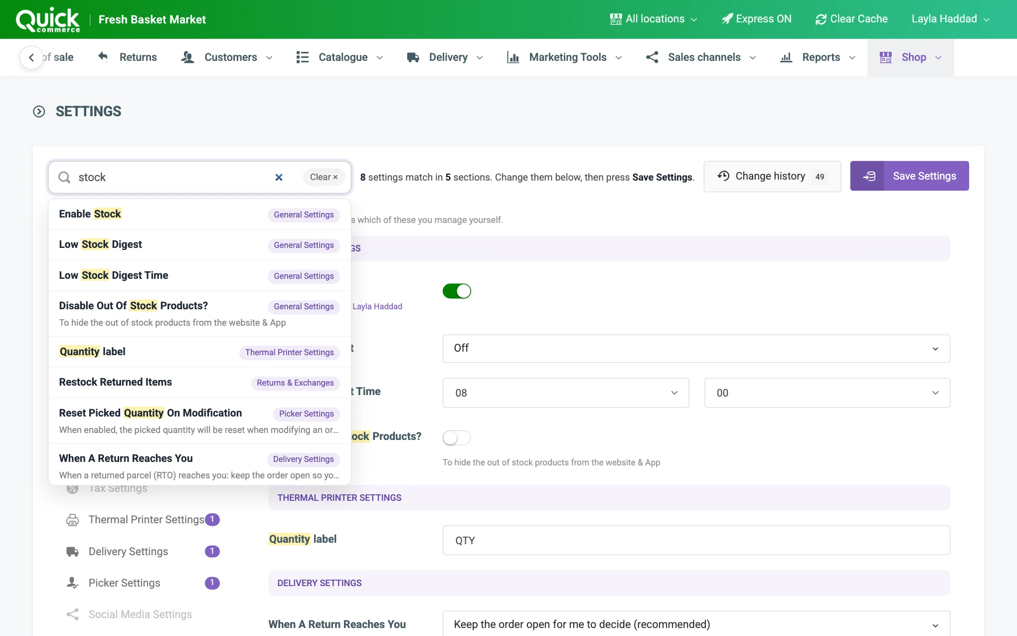 The Settings search box with a word typed, the list of best matches and the count of matching settings numbered