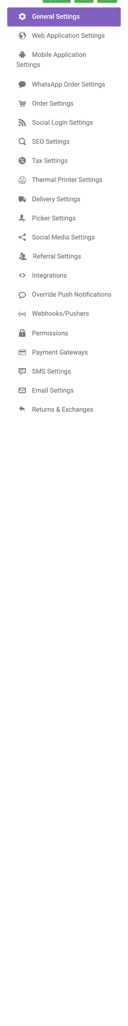 The list of tabs on the Settings page
