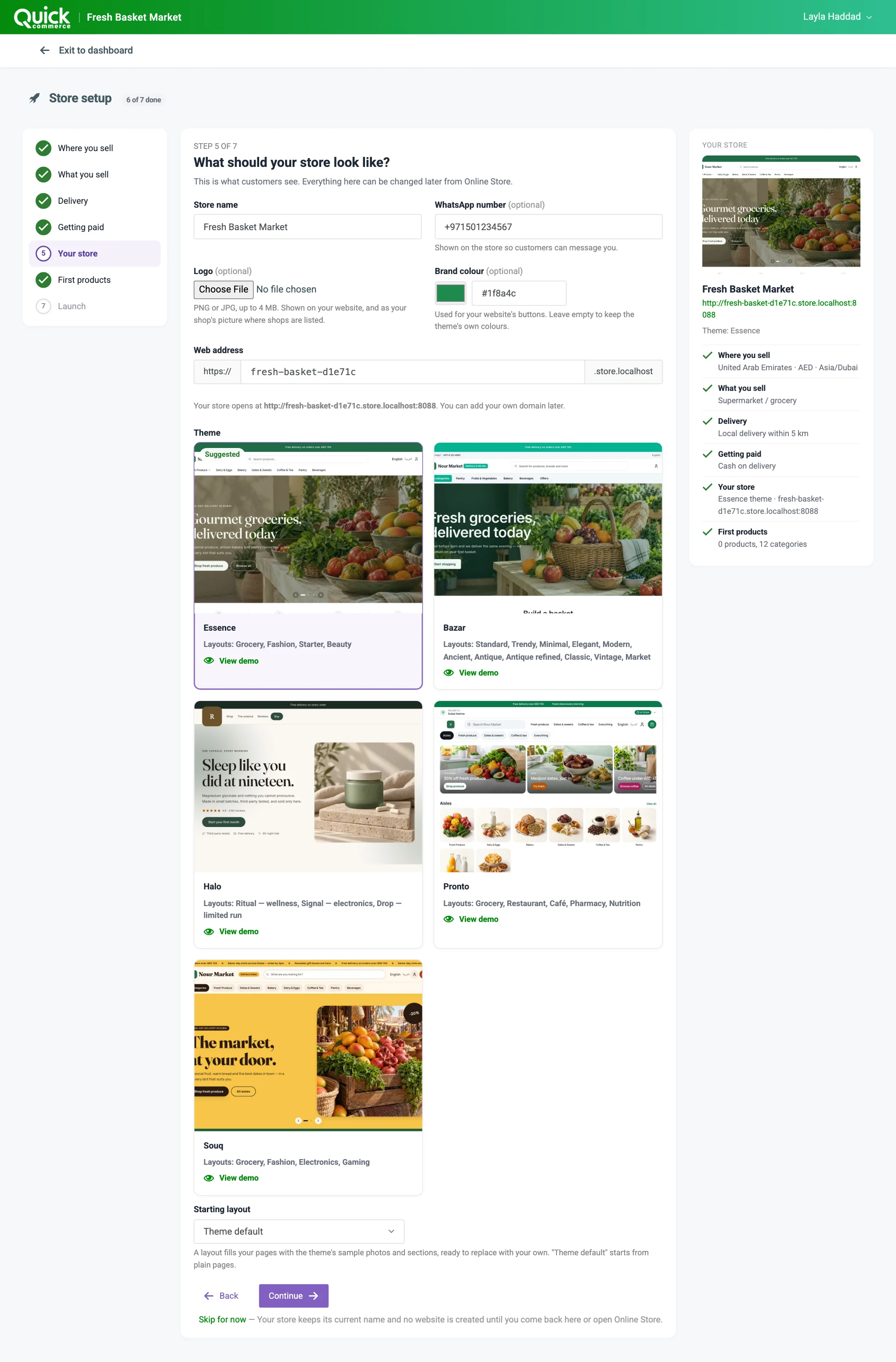 Step 5, Your store, with name, logo, colour, web address, theme and layout numbered