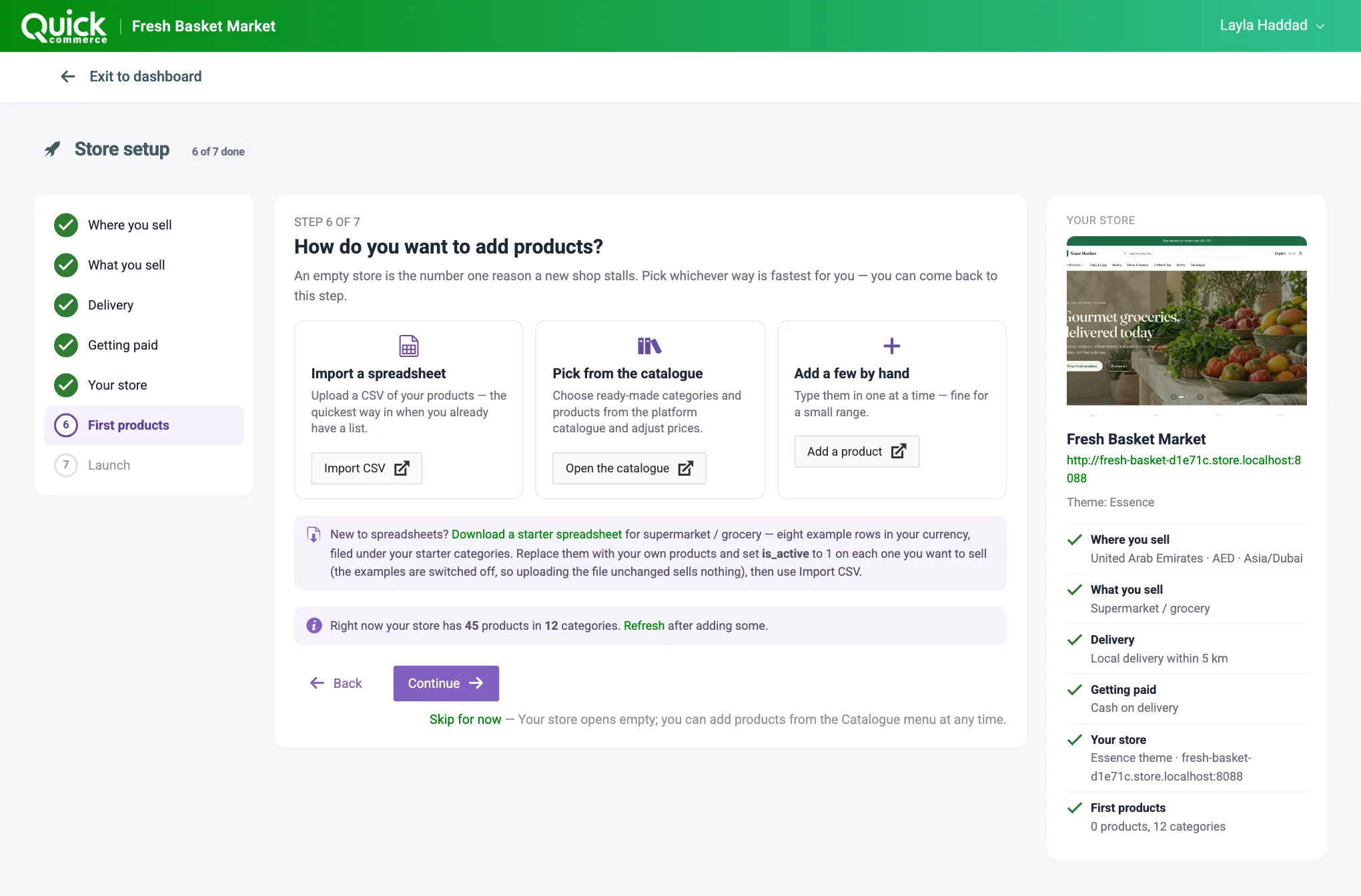 Step 6, First products, with the ways to add products, the starter spreadsheet and the optional questions