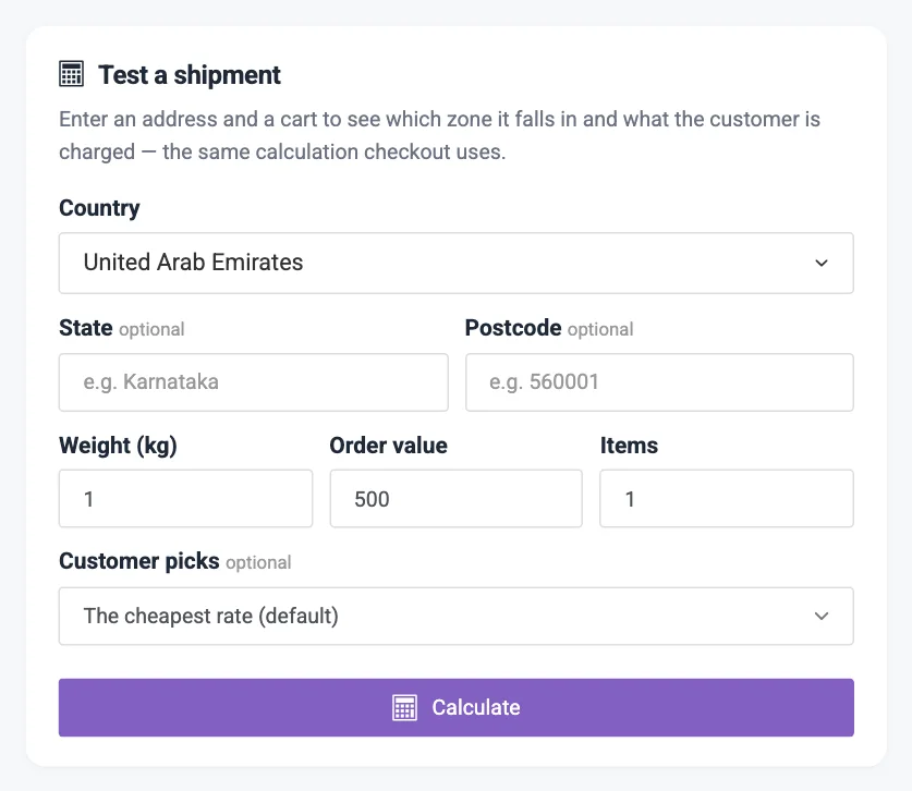 The Test a shipment card with the address fields, cart fields, Customer picks and Calculate numbered