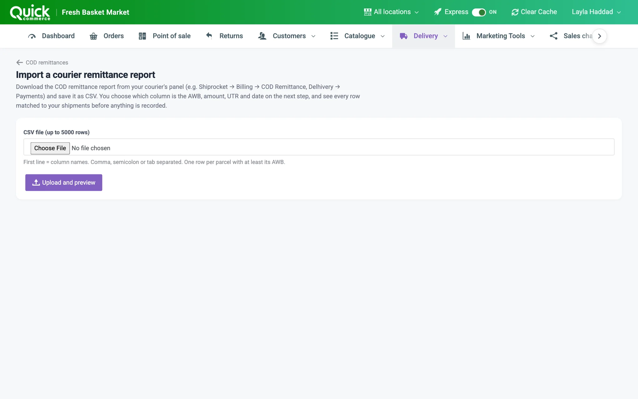 The Import a courier remittance report page with the file field