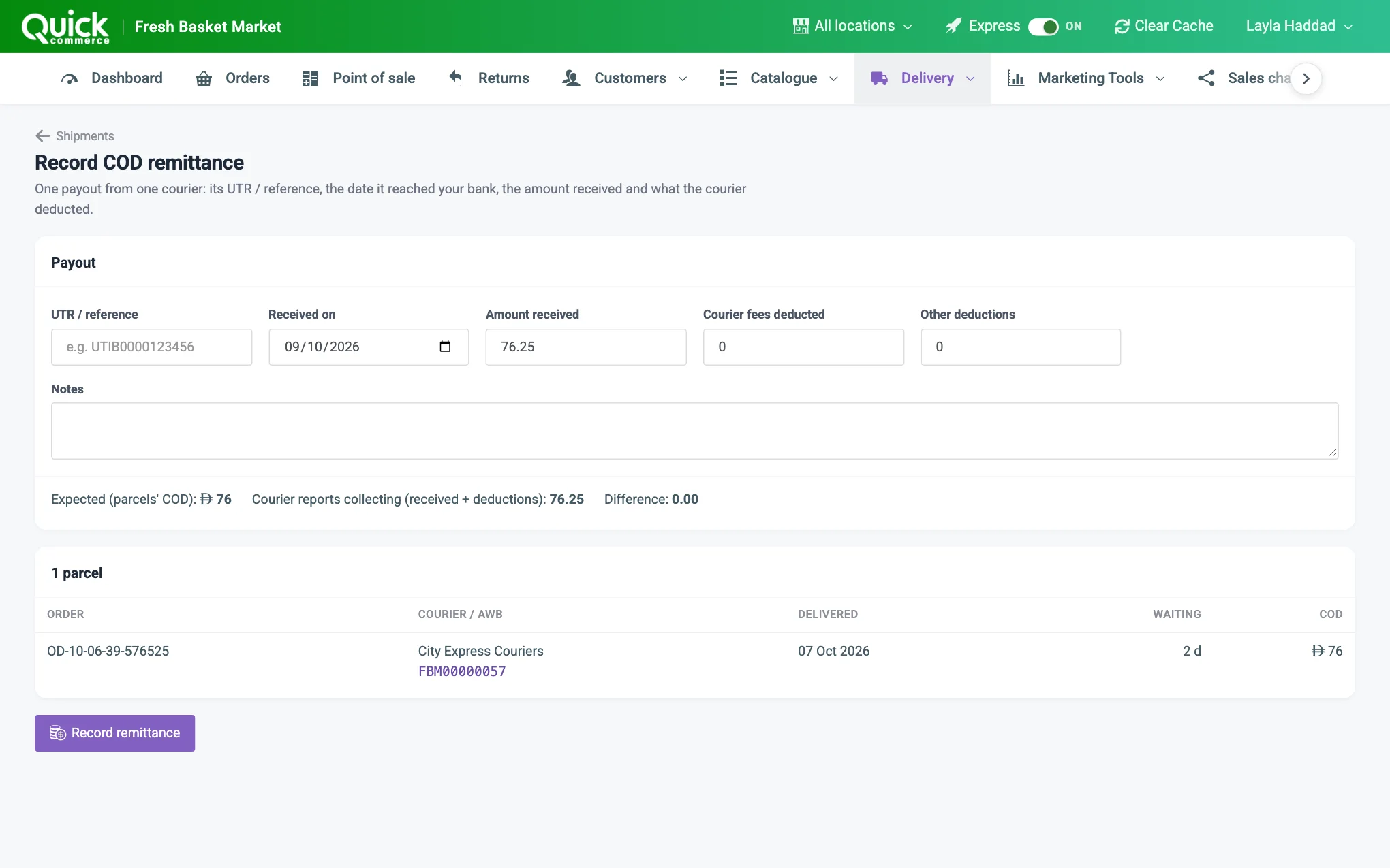 The Record COD remittance form with the payout fields and the difference line numbered