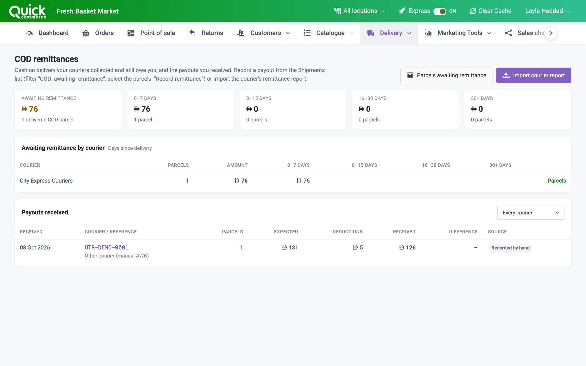 The COD remittances page with the awaiting tiles, the buttons and the payouts table numbered