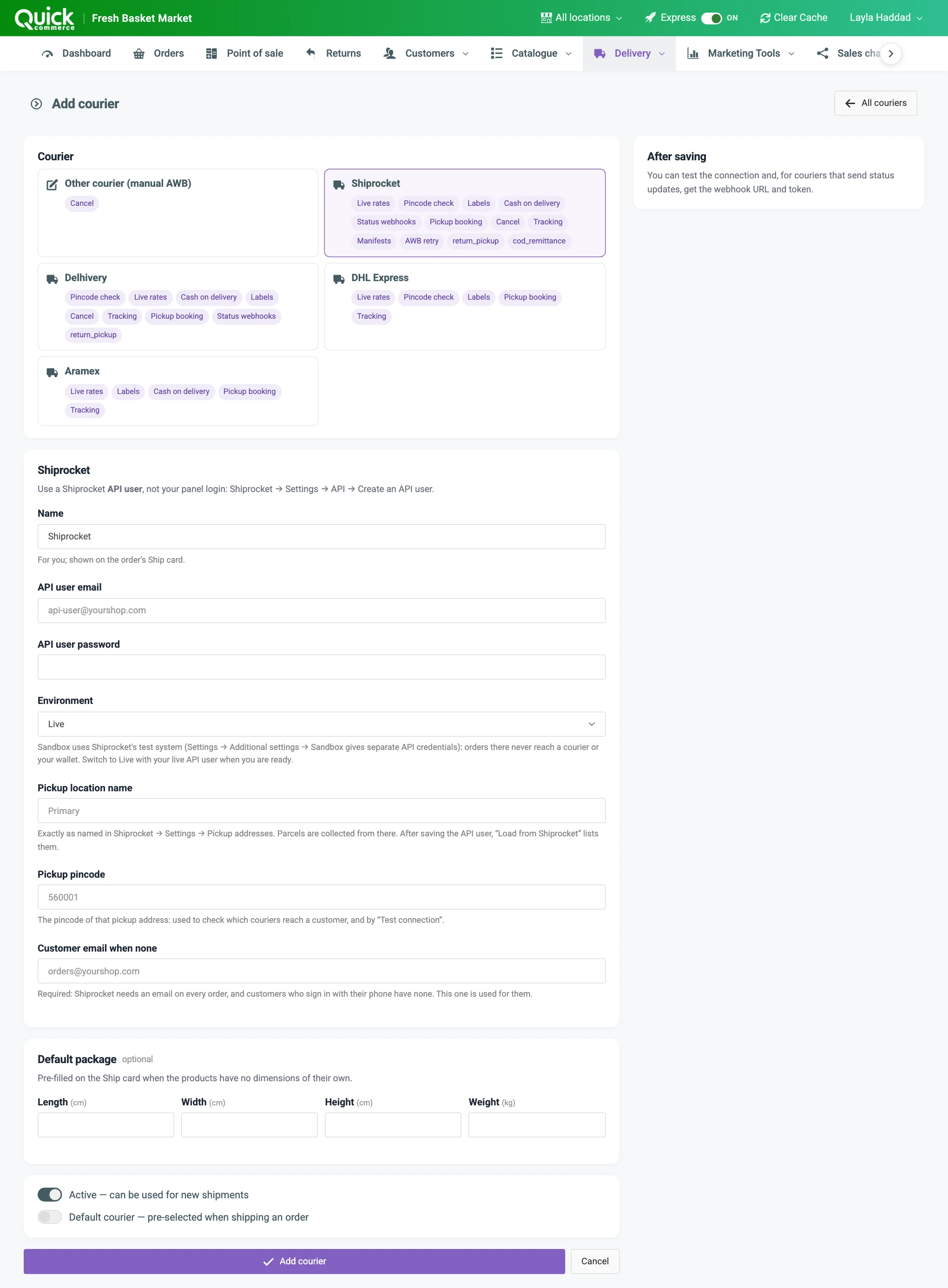 The Add courier form for Shiprocket with the credential and pickup fields numbered