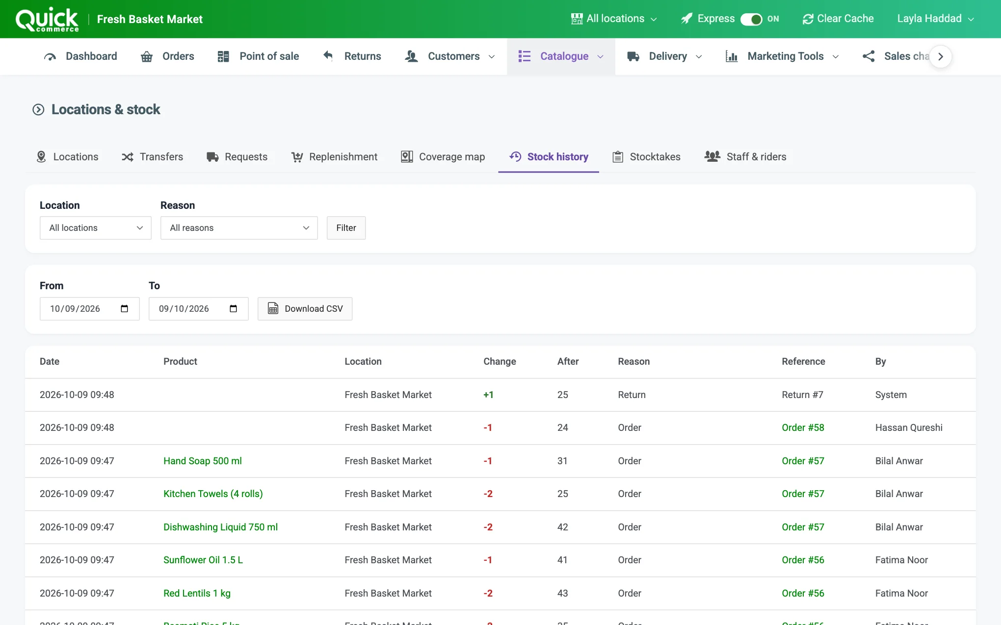 The Stock history tab with the location and reason filters, the CSV date range and the table of changes numbered
