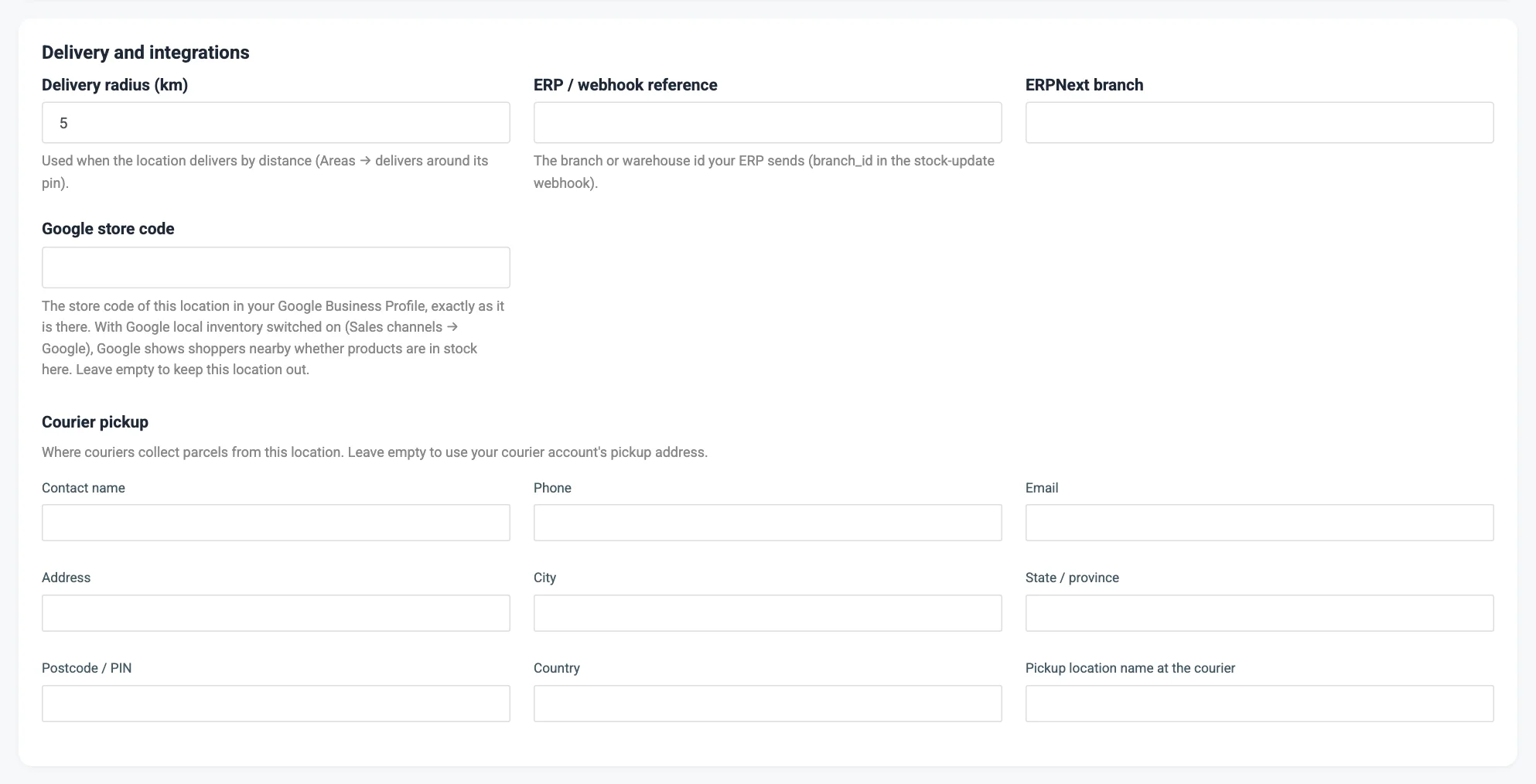 The Delivery and integrations card of the location form with the delivery radius, ERP reference, ERPNext branch and Google store code fields numbered