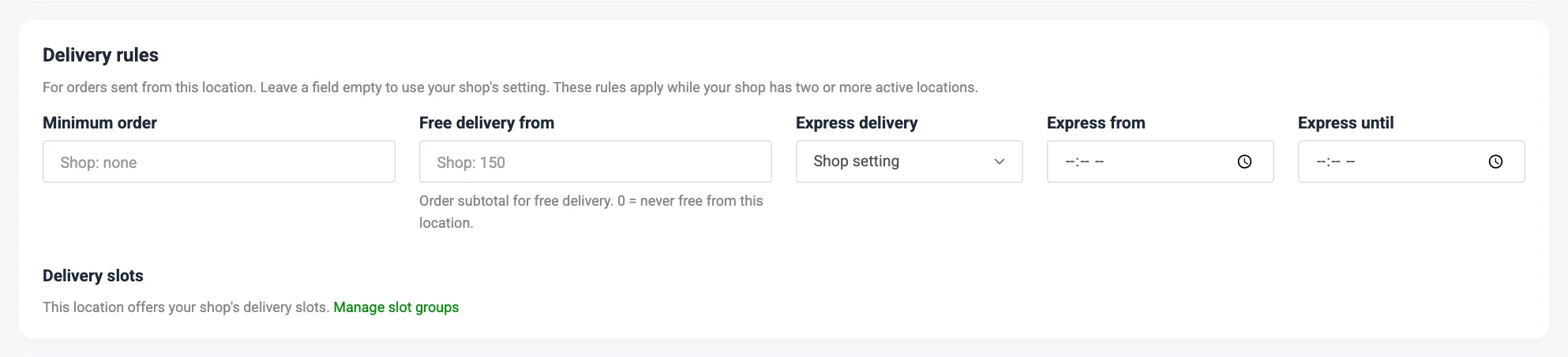 The Delivery rules card of the location form with the minimum order, free delivery and delivery charge type fields numbered