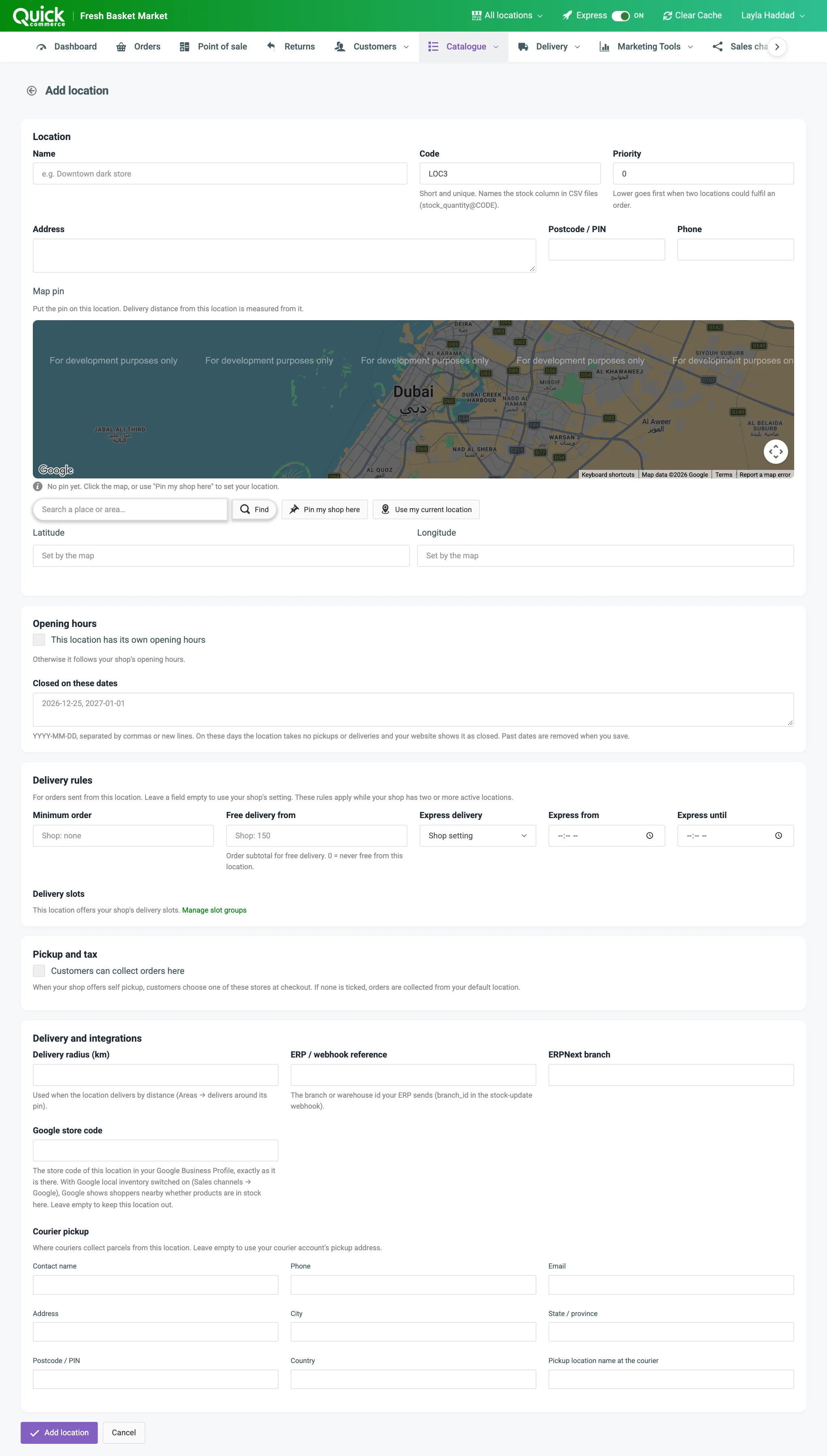 The Add location form with the name, code, priority, map pin, opening hours and pickup switch numbered