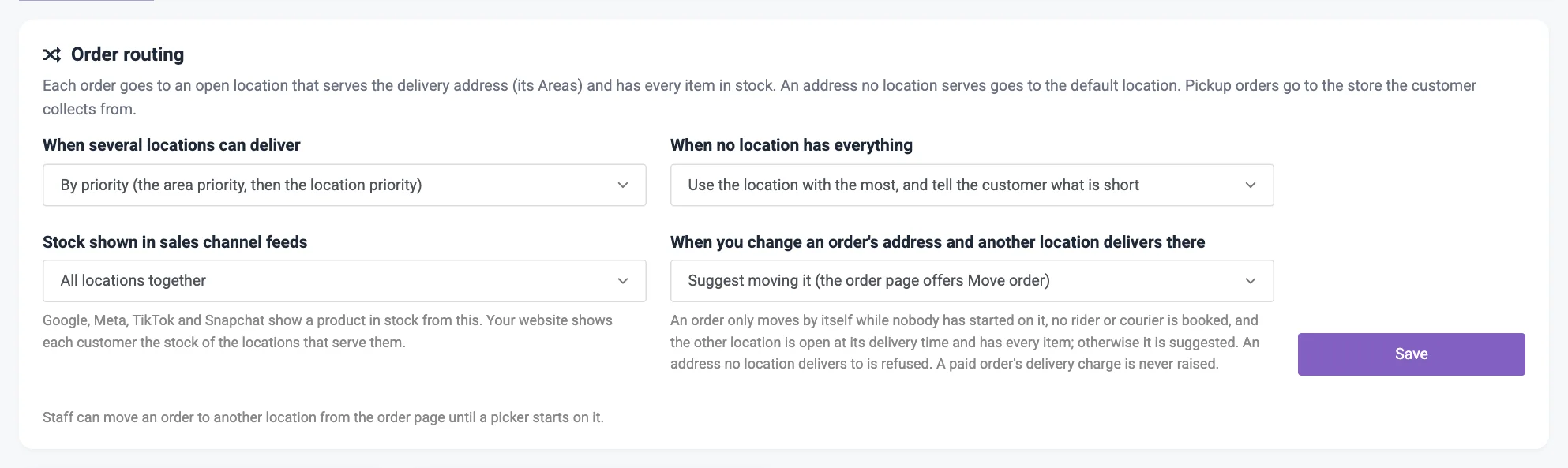 The Order routing card with its four choices and the Save button numbered