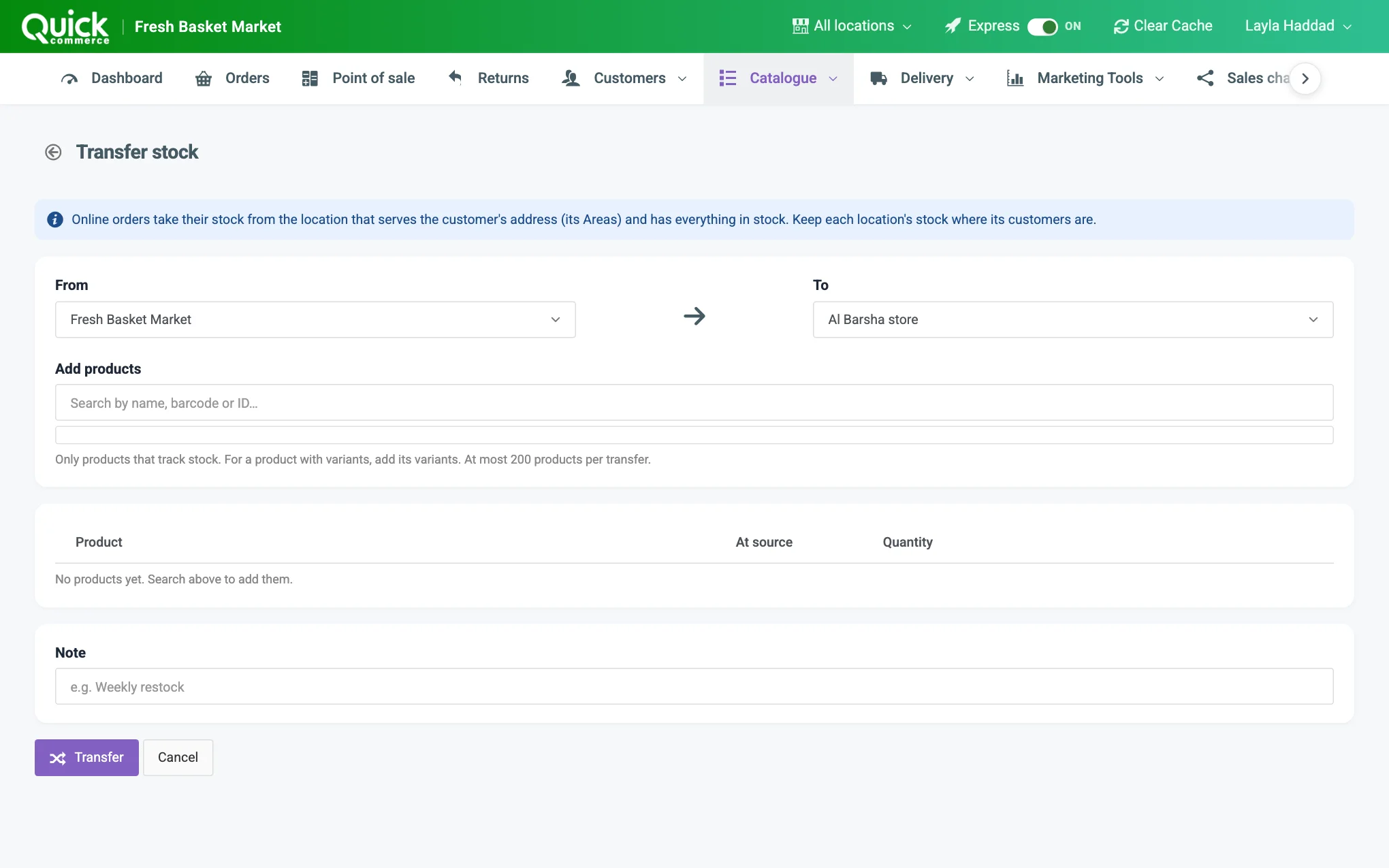 The Transfer stock form with the From and To boxes, the product search, the lines table and the note numbered