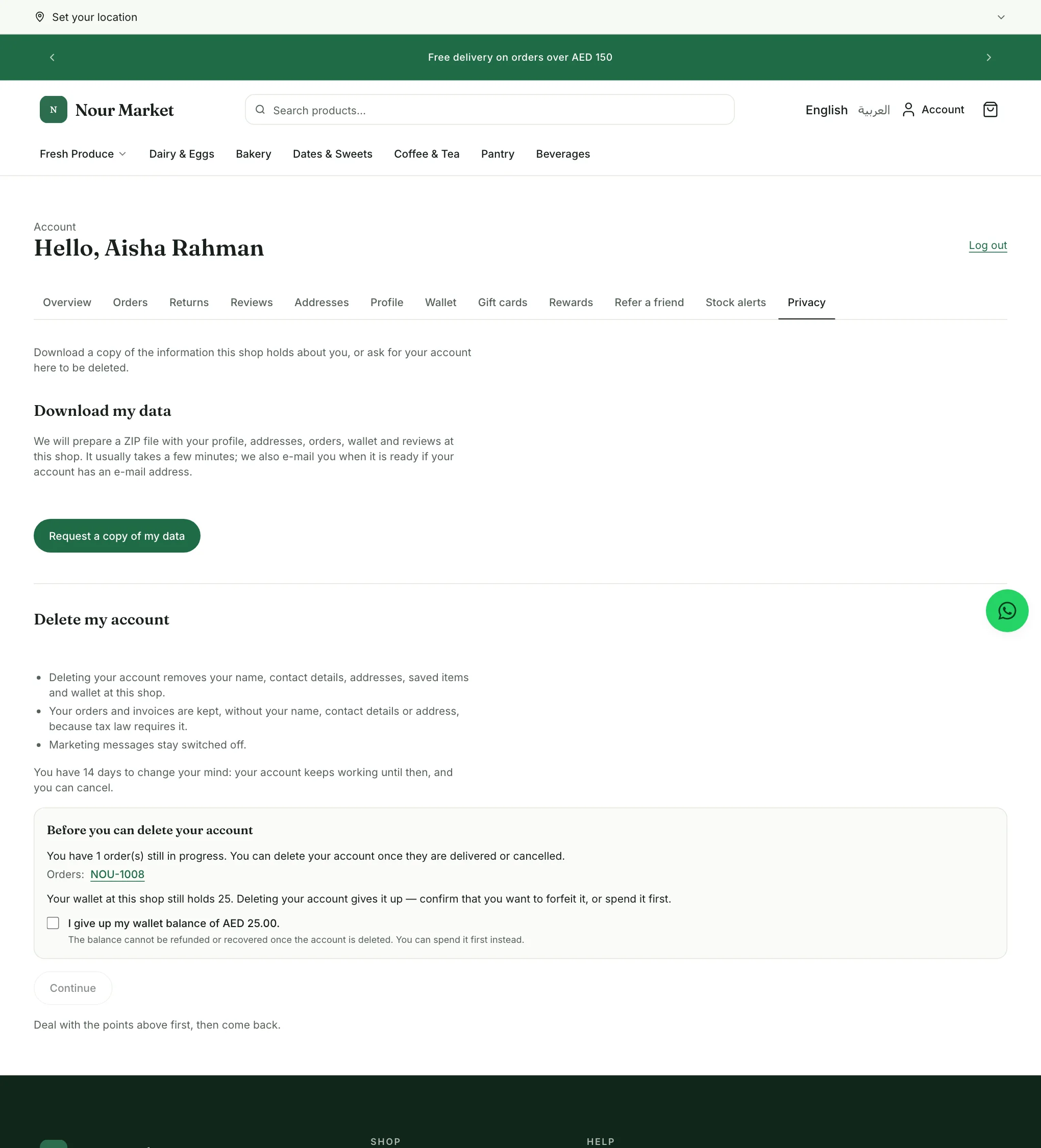 The Privacy and your data page with the Download my data and Delete my account sections