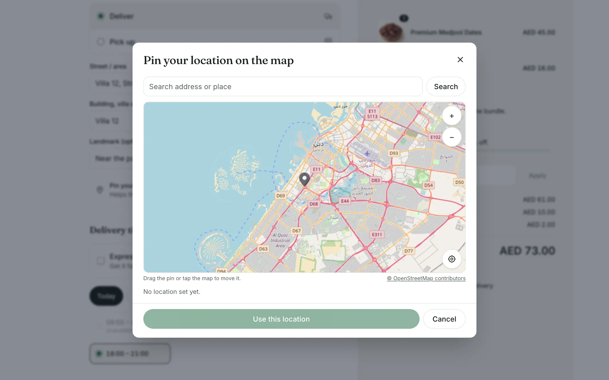 The delivery address form with the map pin dialog open