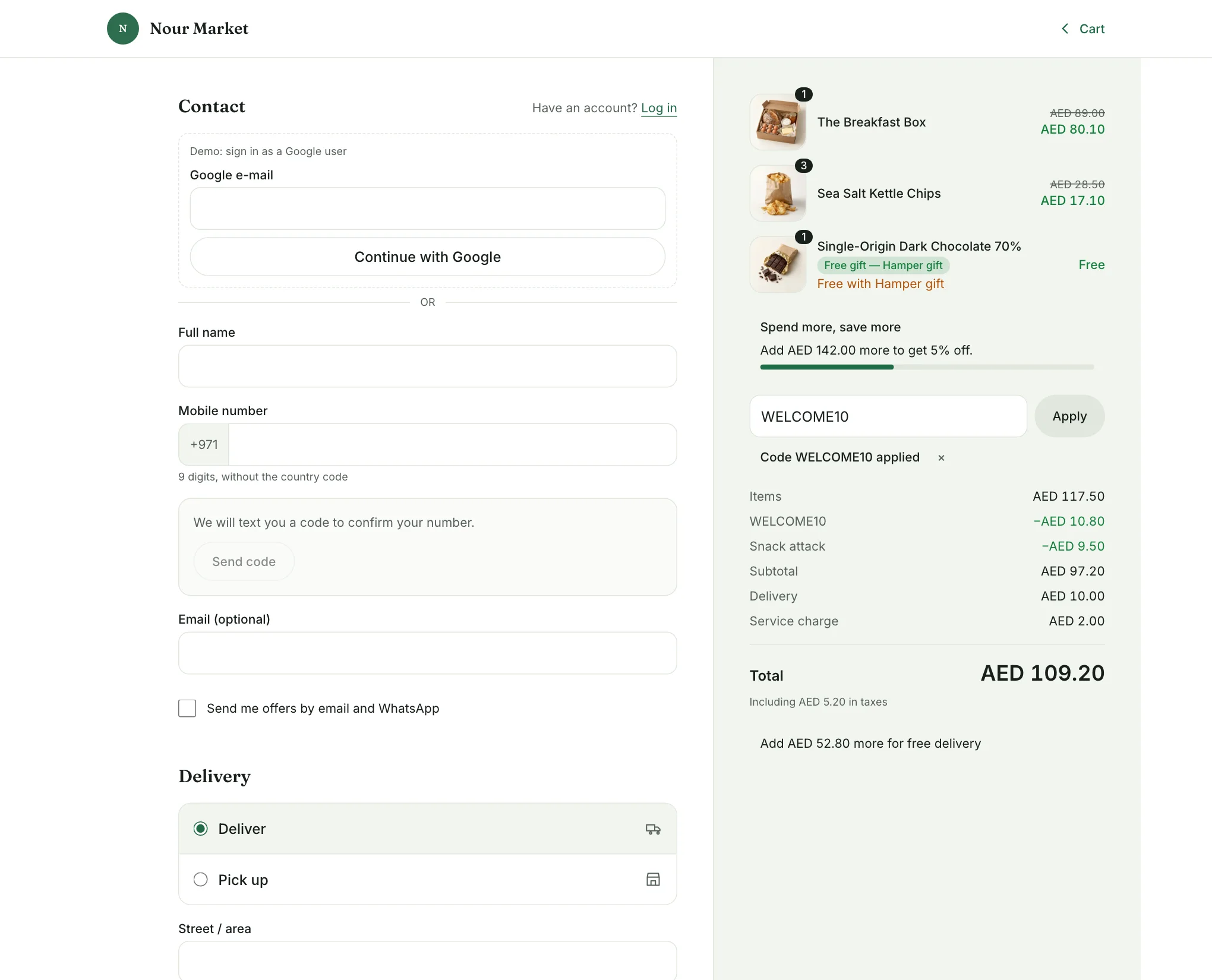 The checkout order summary with an applied discount code, an offer line and a free gift