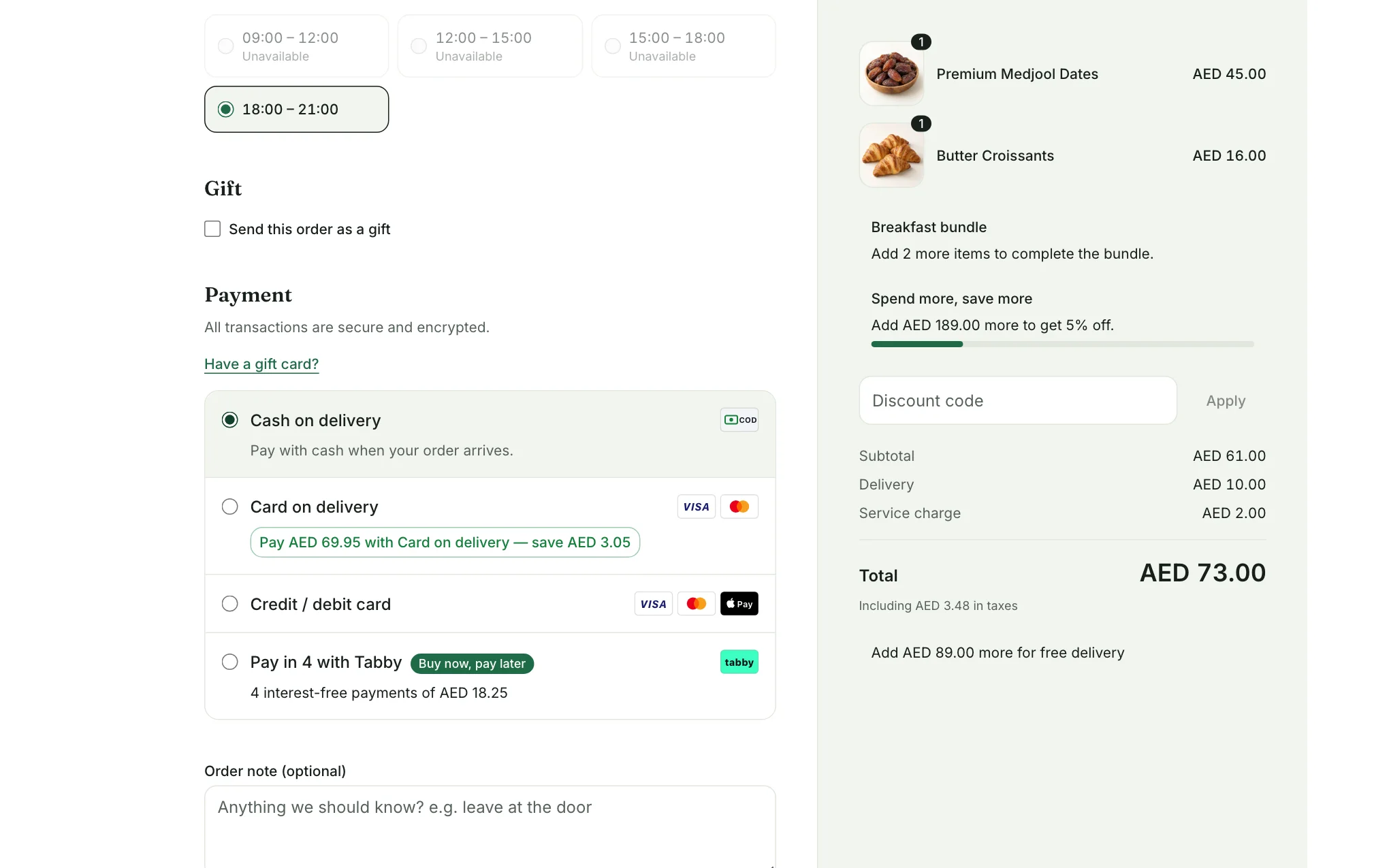 The Payment step with cash on delivery, a card method and a pay-later method