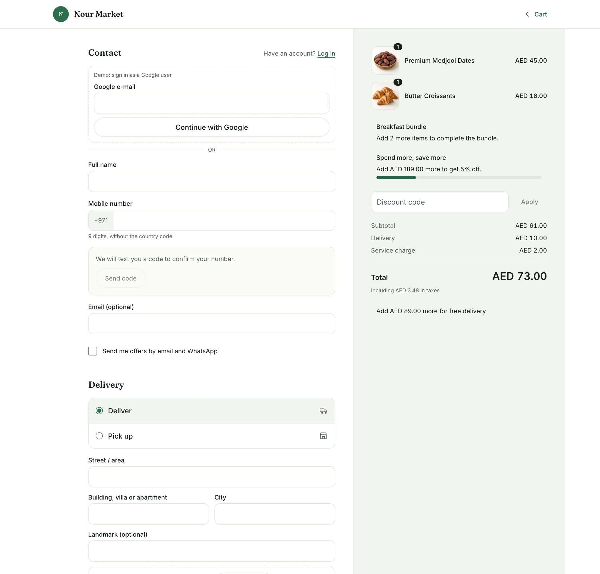 A checkout reopened from a reminder link with the cart restored and the contact fields empty