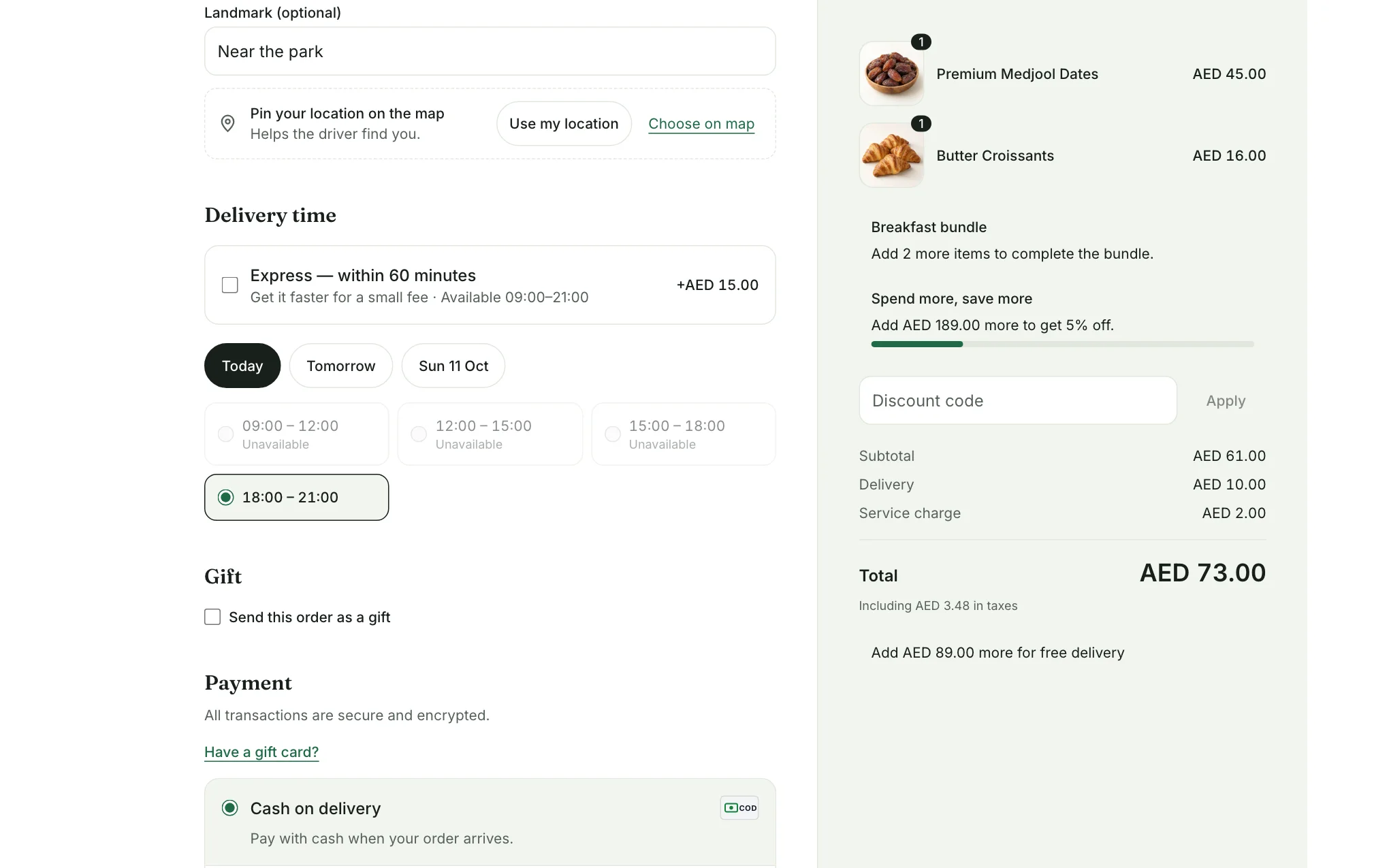 The Delivery time picker with Today and Tomorrow and a row of time slots