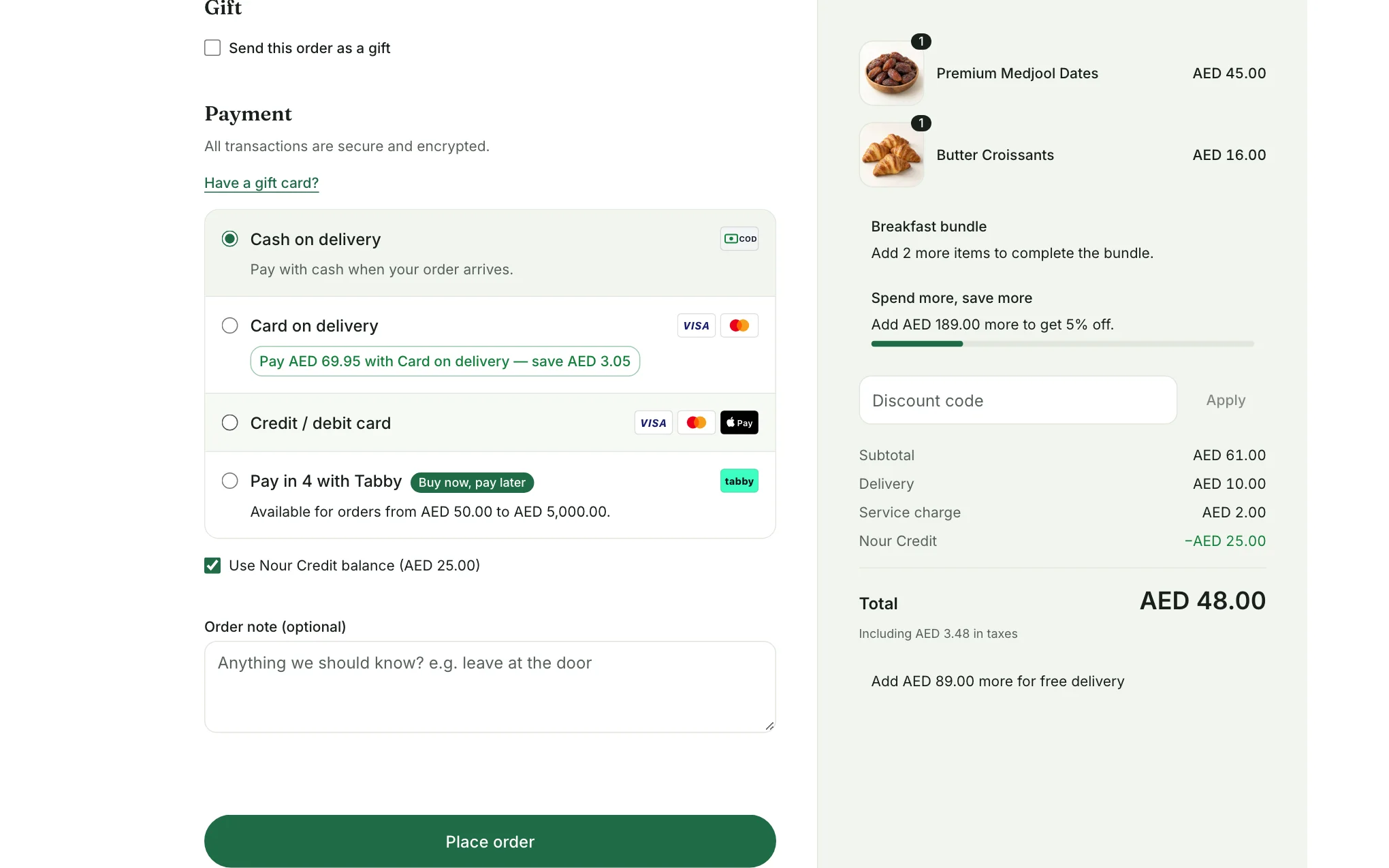 The Payment step with the wallet balance box ticked and a wallet row in the order summary