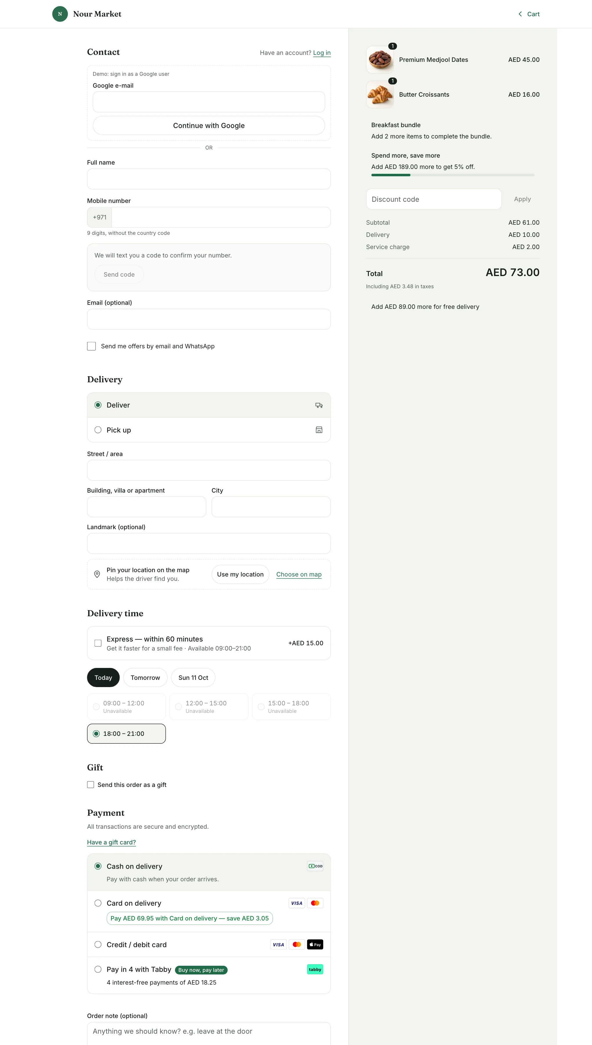The checkout with the Contact, Delivery and Payment steps on one side and the order summary on the other