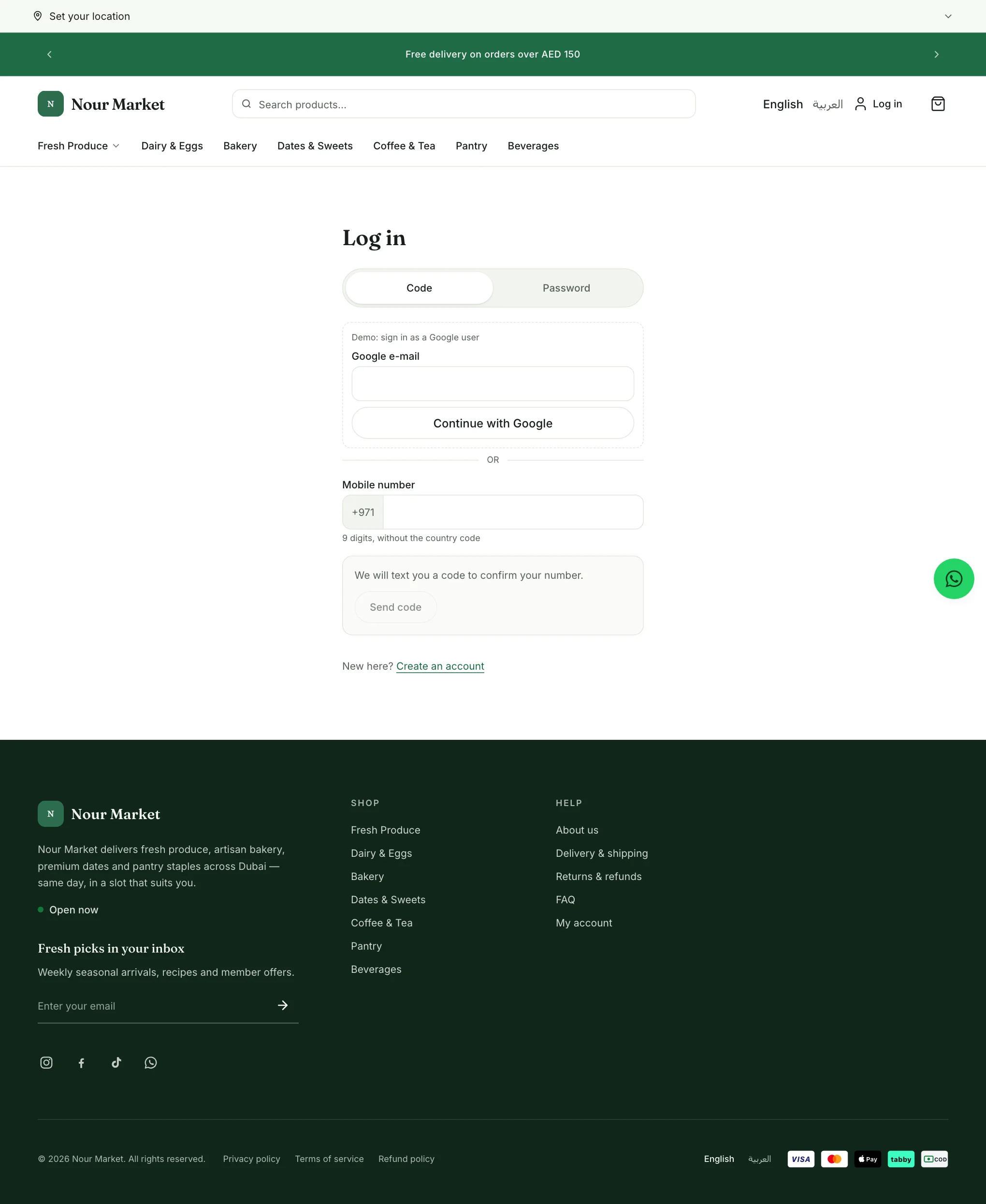The login page with the Code and Password tabs and the Continue with Google button