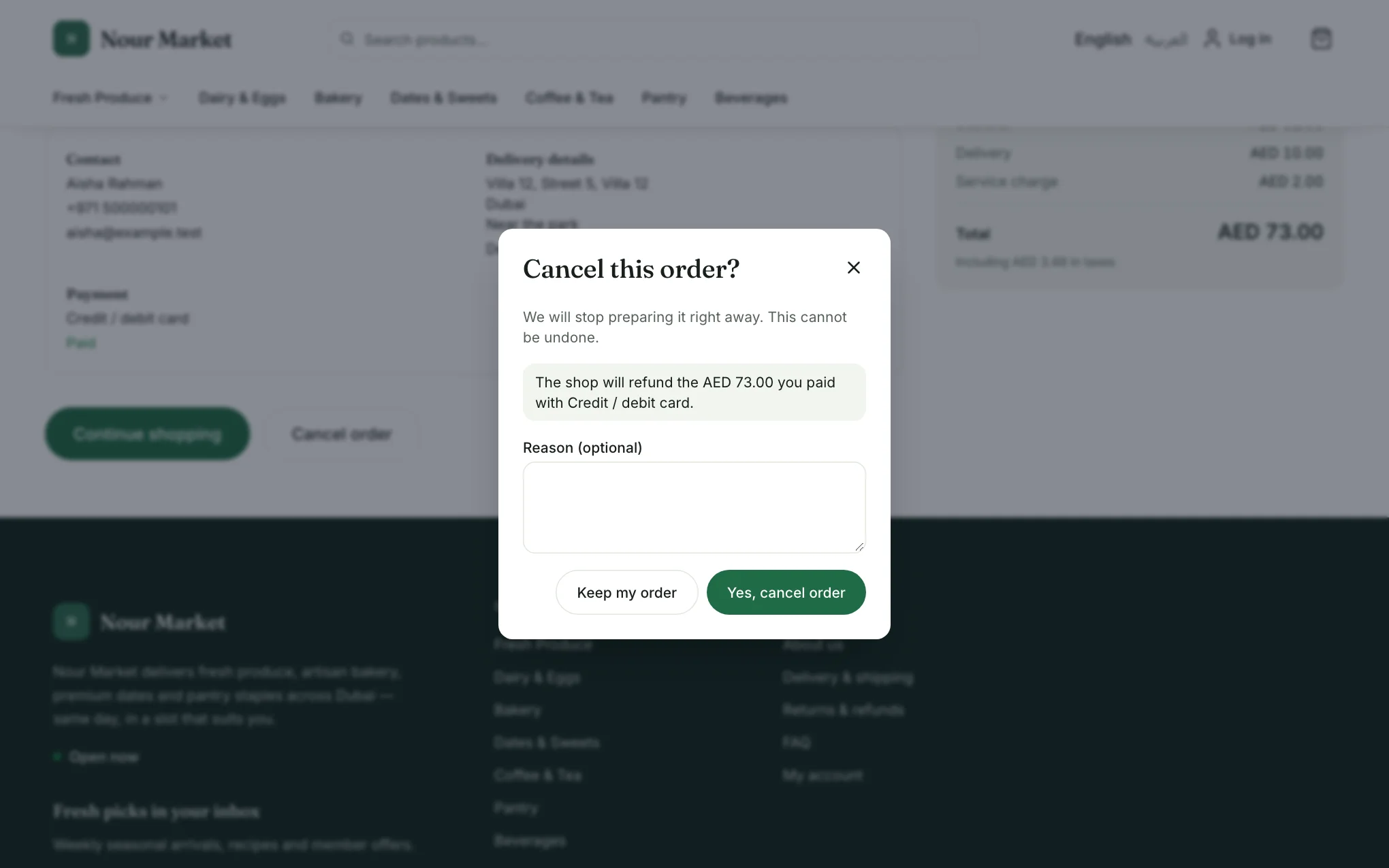 The Cancel this order dialog with the refund note and the reason box