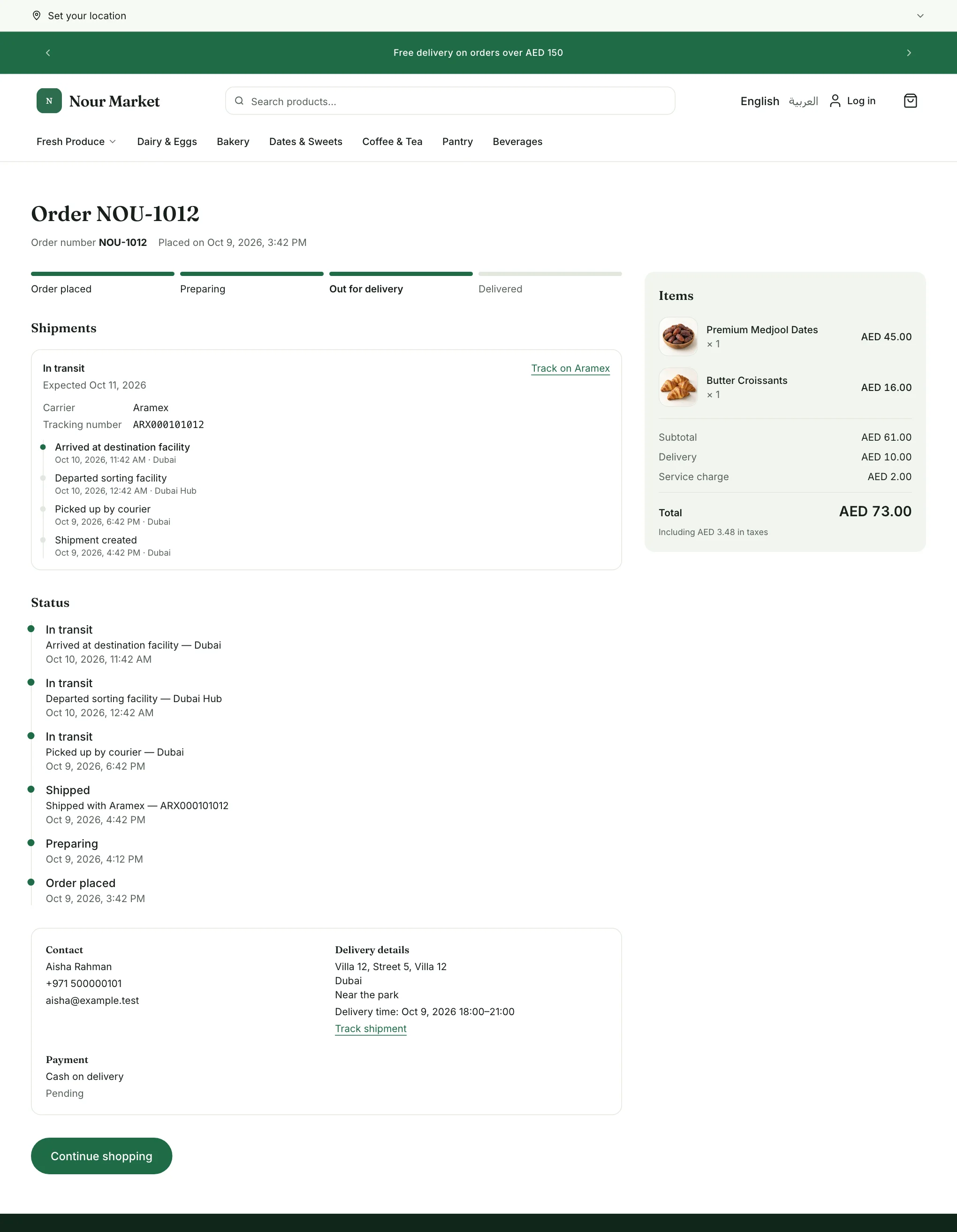 The order page with the status, a shipment with its tracking number and the payment block