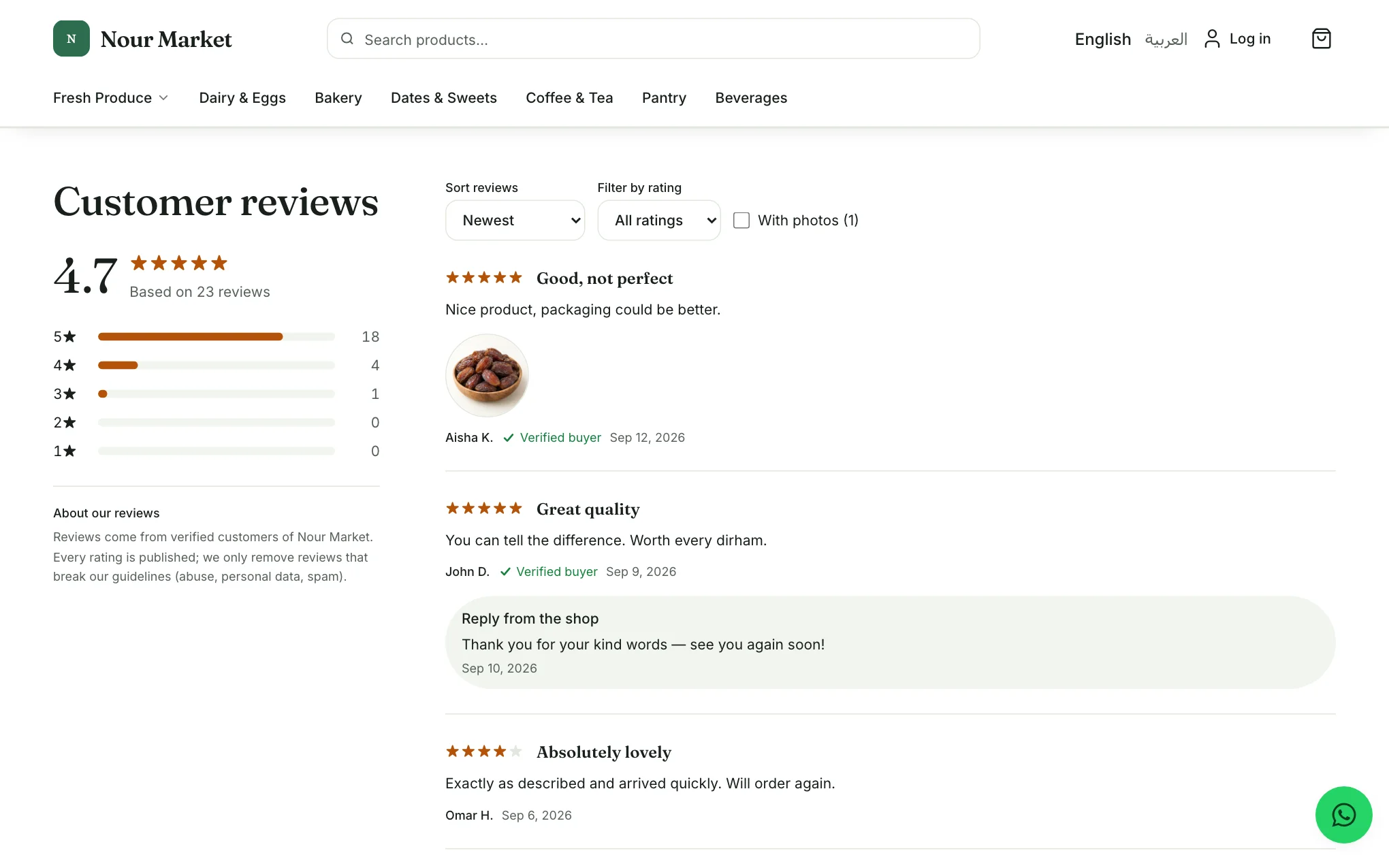 The reviews section of a product page with the rating summary, the breakdown by stars and two reviews