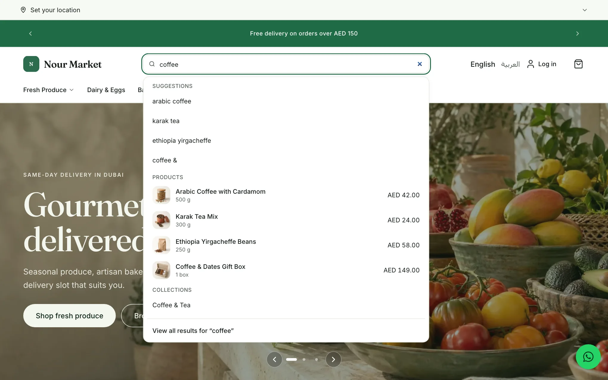 The search box with suggestions grouped into products and collections