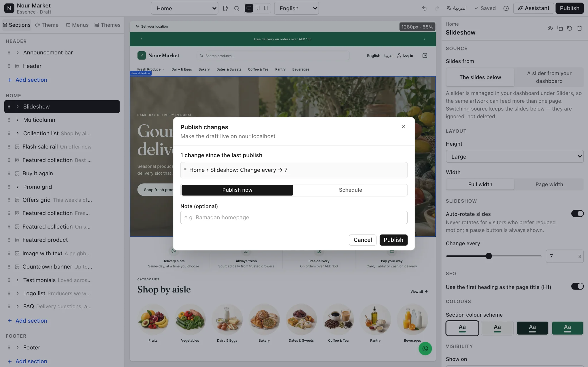 The Publish changes dialog with the list of changes, the note field and the Publish button