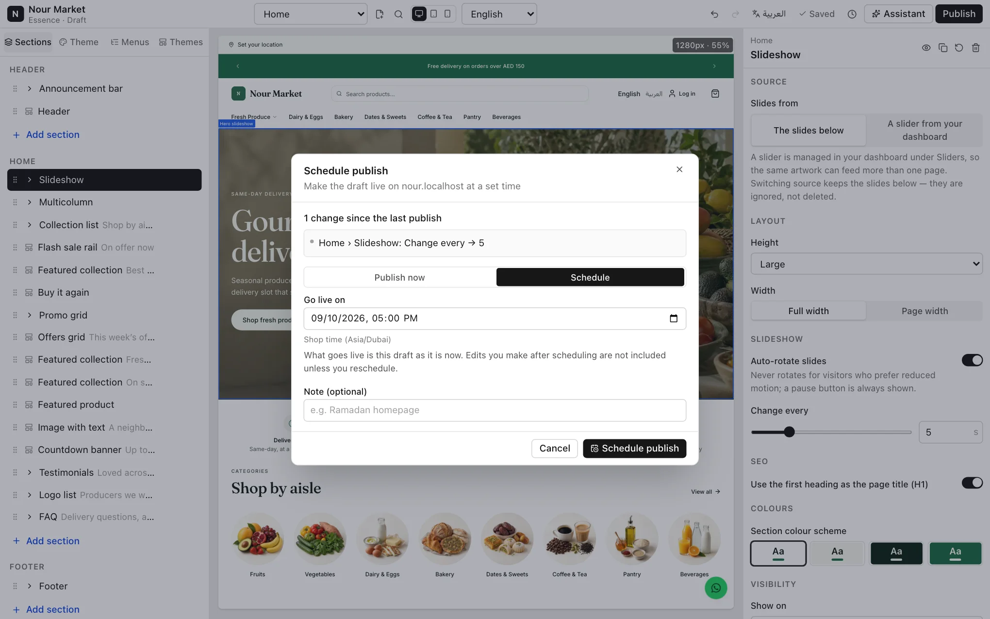 The Schedule publish dialog with the When switch and the Go live on field