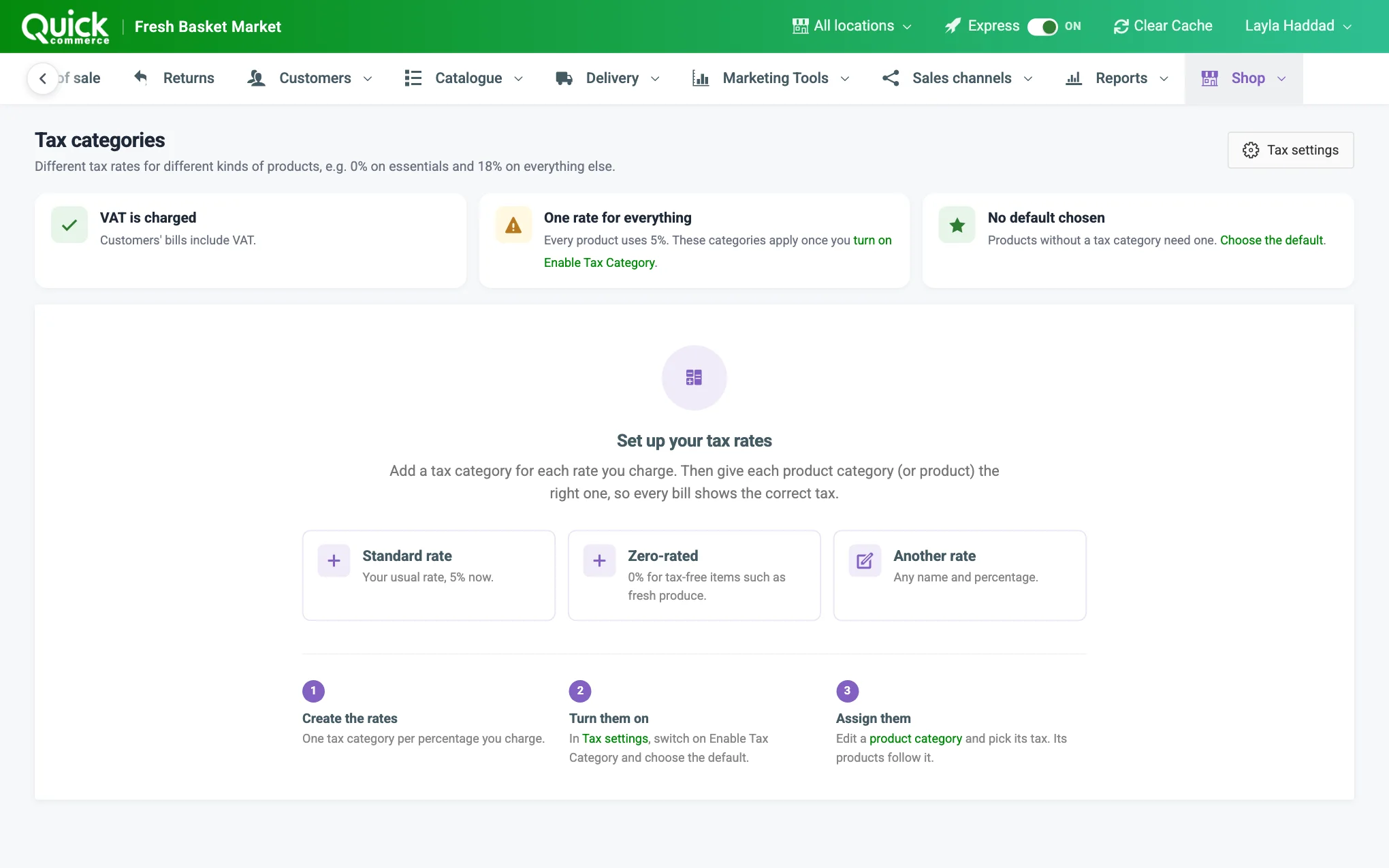 The Tax categories page with the three status tiles and the list of rates
