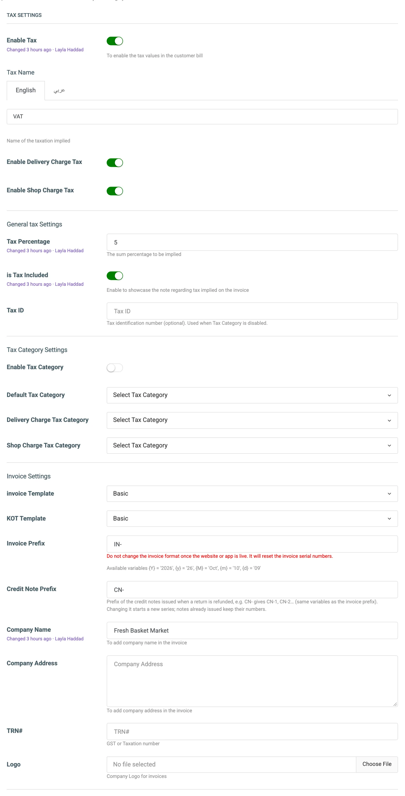 The top of the Tax Settings tab with the tax switch, name, rate and included switch numbered