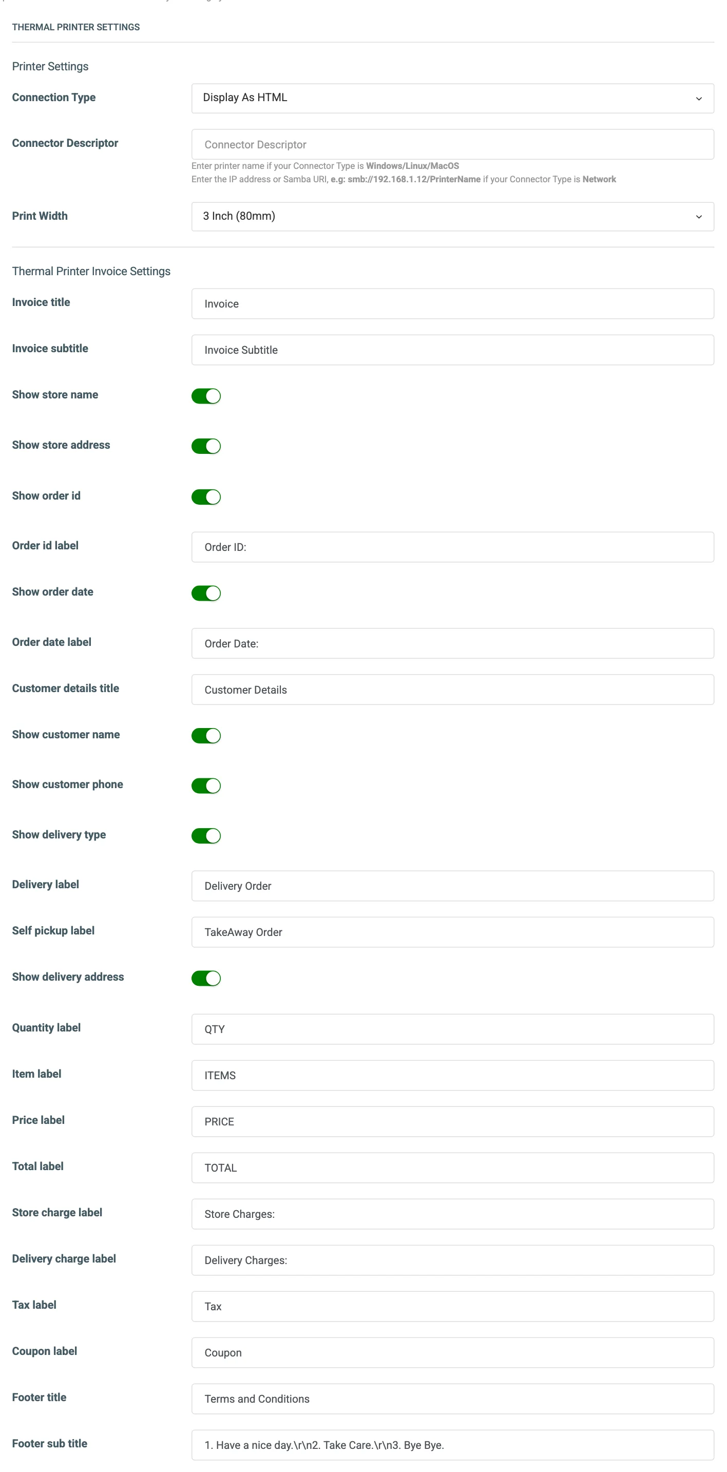 The Thermal Printer Settings tab with the connection type, descriptor and print width numbered